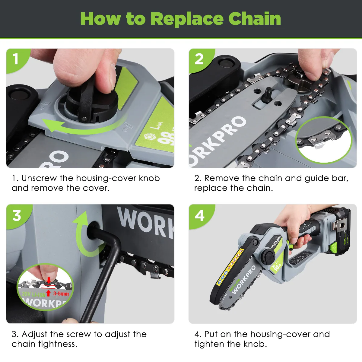 WORKPRO 20V Brushless Cordless Compact Chainsaw with 4.0Ah Battery and Replacement Chain - Image 4
