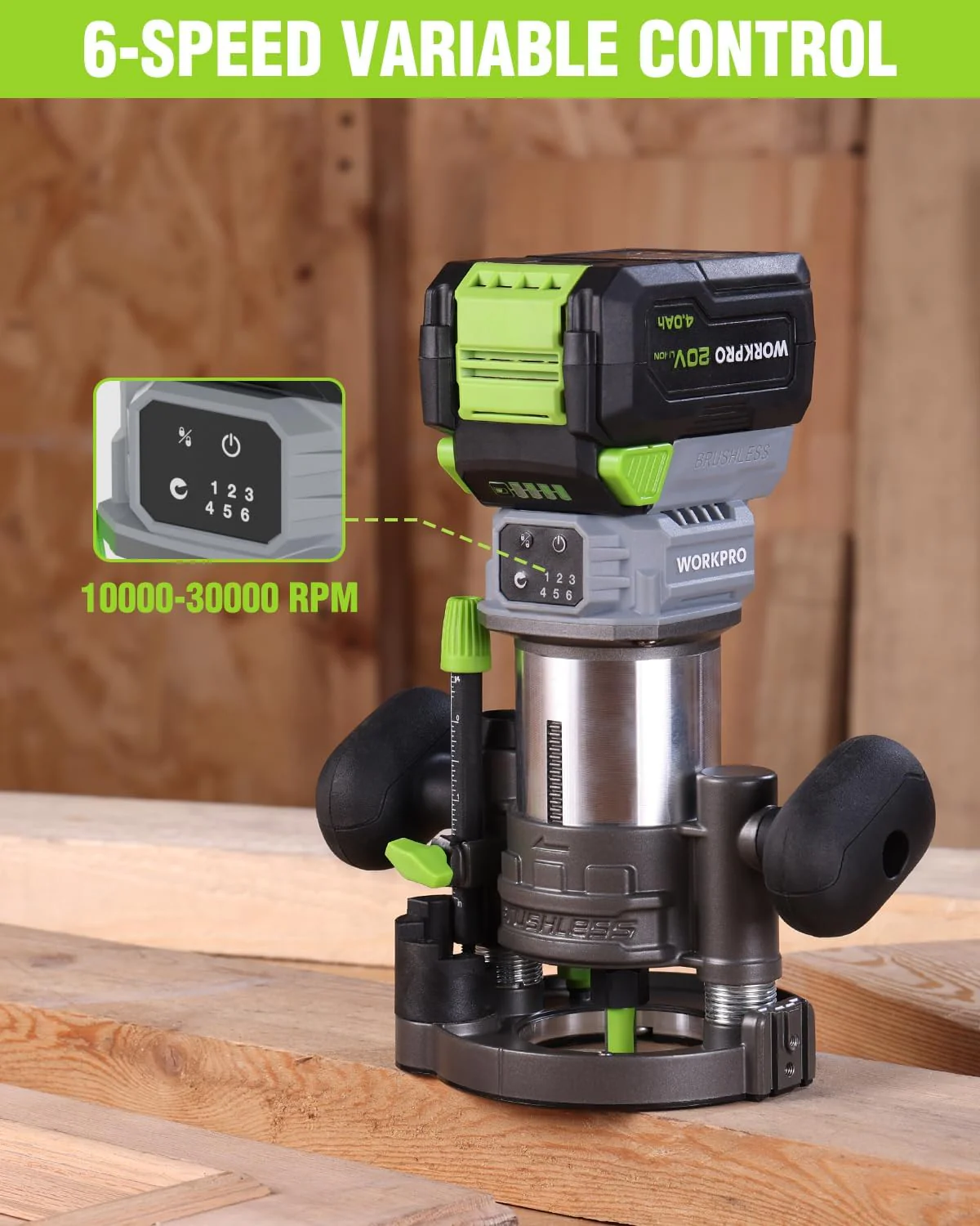 WORKPRO 20V Cordless Compact Router Tool, 6 Variable Speeds up to 30,000RPM Wood Router for Chamfering, Slotting, Trimming, with Multi-Angle Adjustable, Straight, Dual-Handle Base and Multiple Bits - Image 6