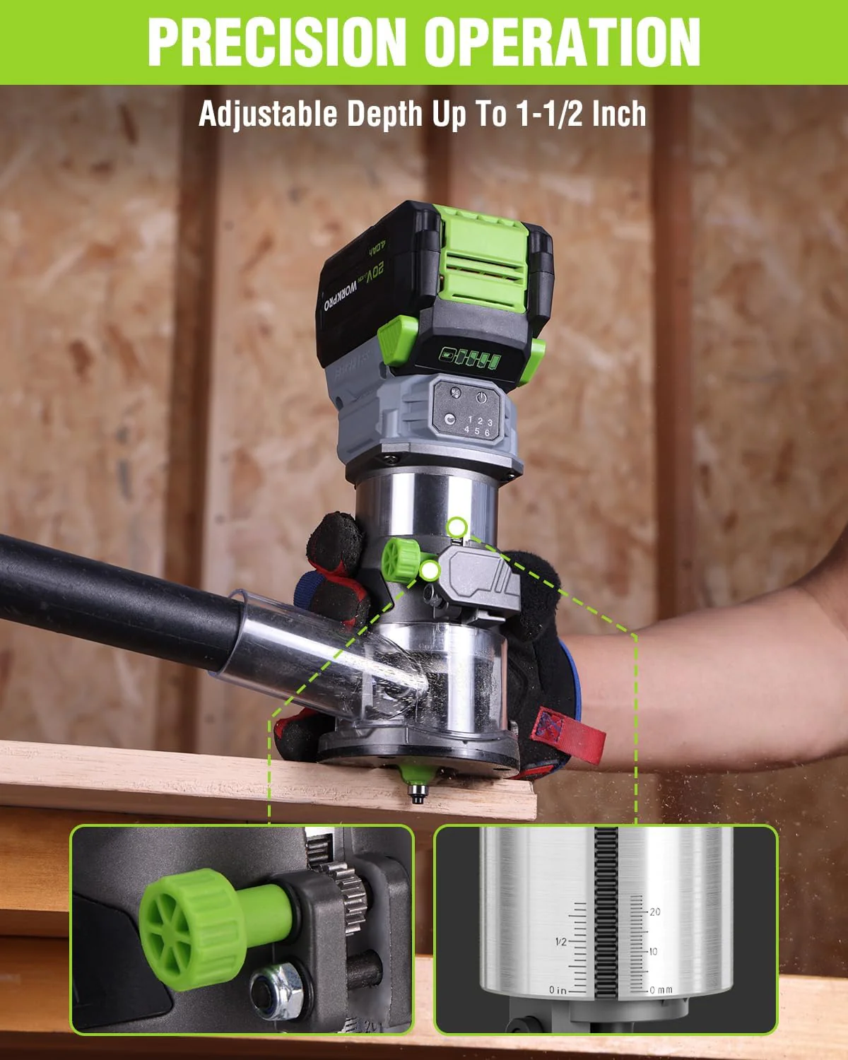 WORKPRO 20V Cordless Compact Router Tool, 6 Variable Speeds up to 30,000RPM Wood Router for Chamfering, Slotting, Trimming, with Multi-Angle Adjustable, Straight, Dual-Handle Base and Multiple Bits - Image 7