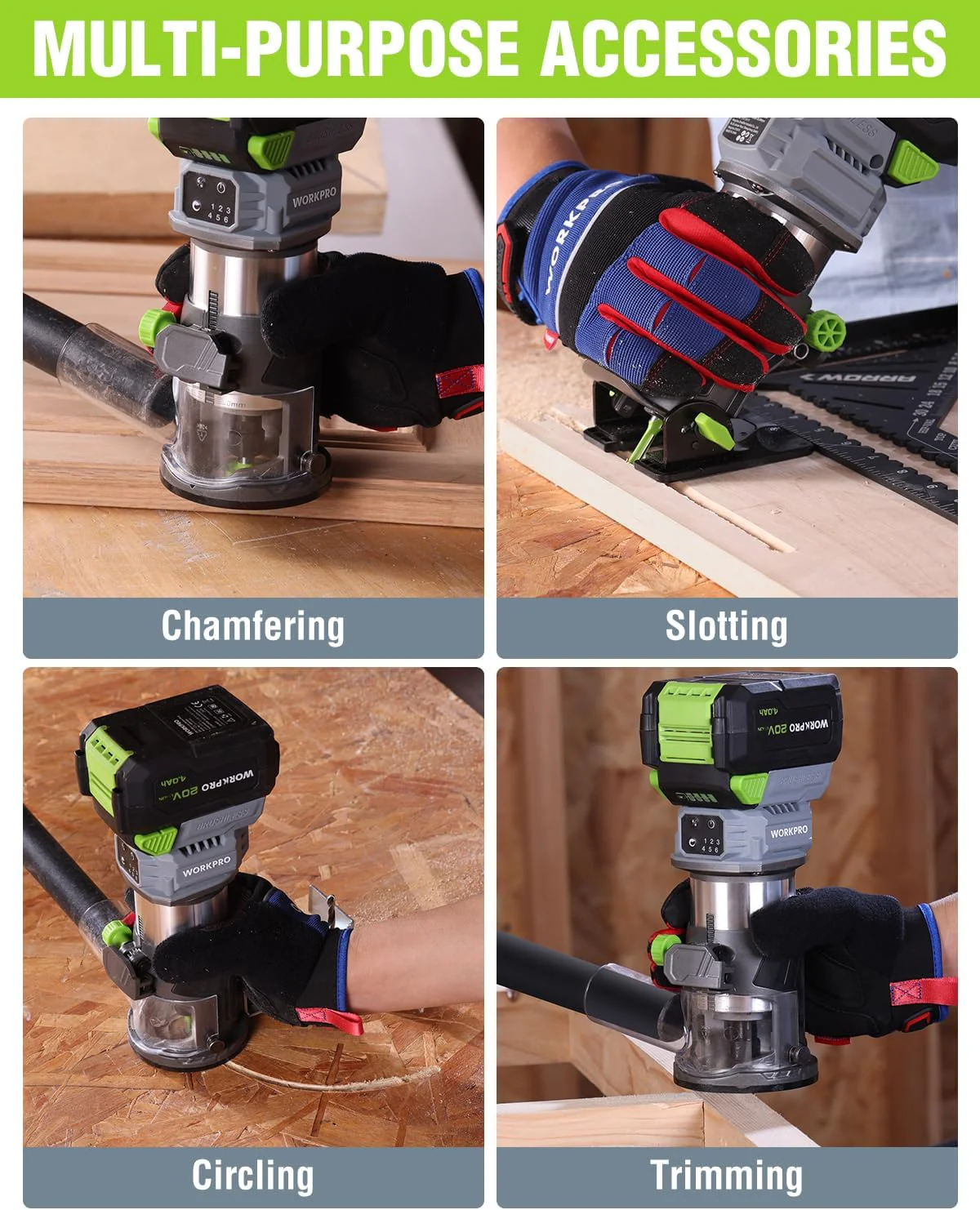 WORKPRO 20V Cordless Compact Router Tool, 6 Variable Speeds up to 30,000RPM Wood Router for Chamfering, Slotting, Trimming, with Multi-Angle Adjustable, Straight, Dual-Handle Base and Multiple Bits - Image 8