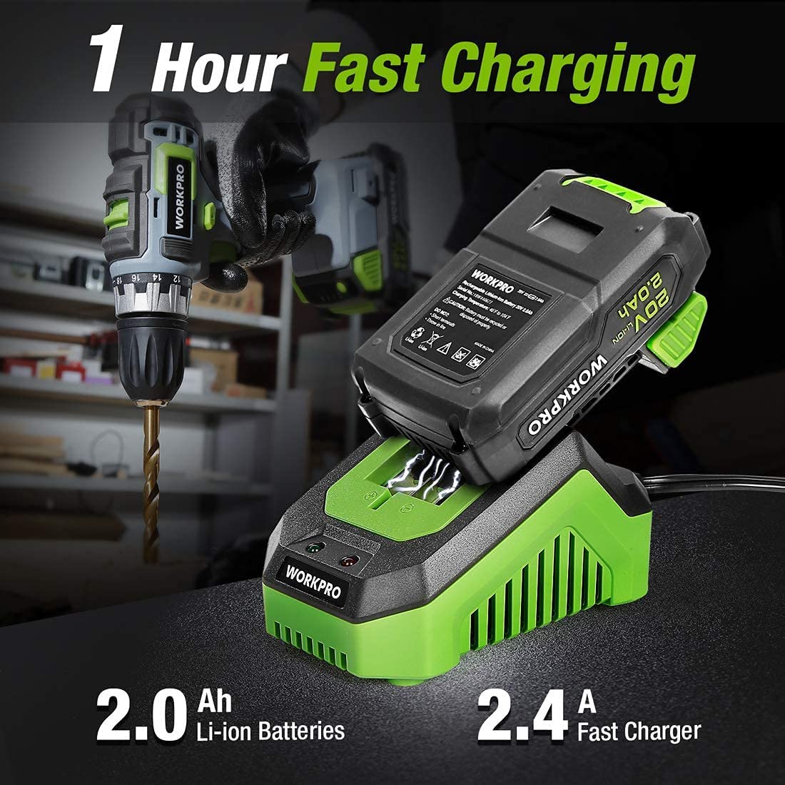 WORKPRO 20V Variable Speed Cordless Drill/Driver Kit 3/8”, 18+2 Torque Setting 2.0 Ah Li-ion Battery and 1 Hour Fast Charger - Image 3