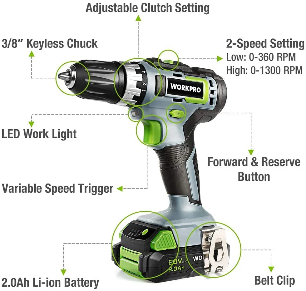 WORKPRO 20V Variable Speed Cordless Drill/Driver Kit 3/8”, 18+2 Torque Setting 2.0 Ah Li-ion Battery and 1 Hour Fast Charger - Image 4