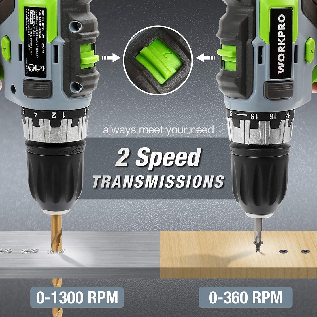 WORKPRO 20V Variable Speed Cordless Drill/Driver Kit 3/8”, 18+2 Torque Setting 2.0 Ah Li-ion Battery and 1 Hour Fast Charger - Image 5