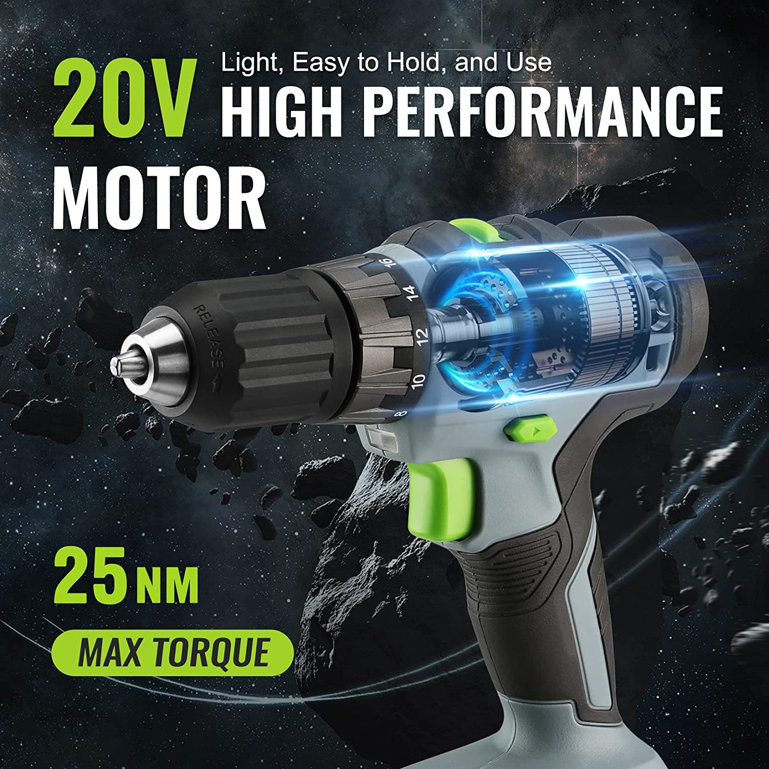WORKPRO 20V Cordless Drill Driver Kit, 2.0 Ah Li-ion Battery, 1 Hour Fast Charger and 11-inch Green Storage Bag Included - Image 2