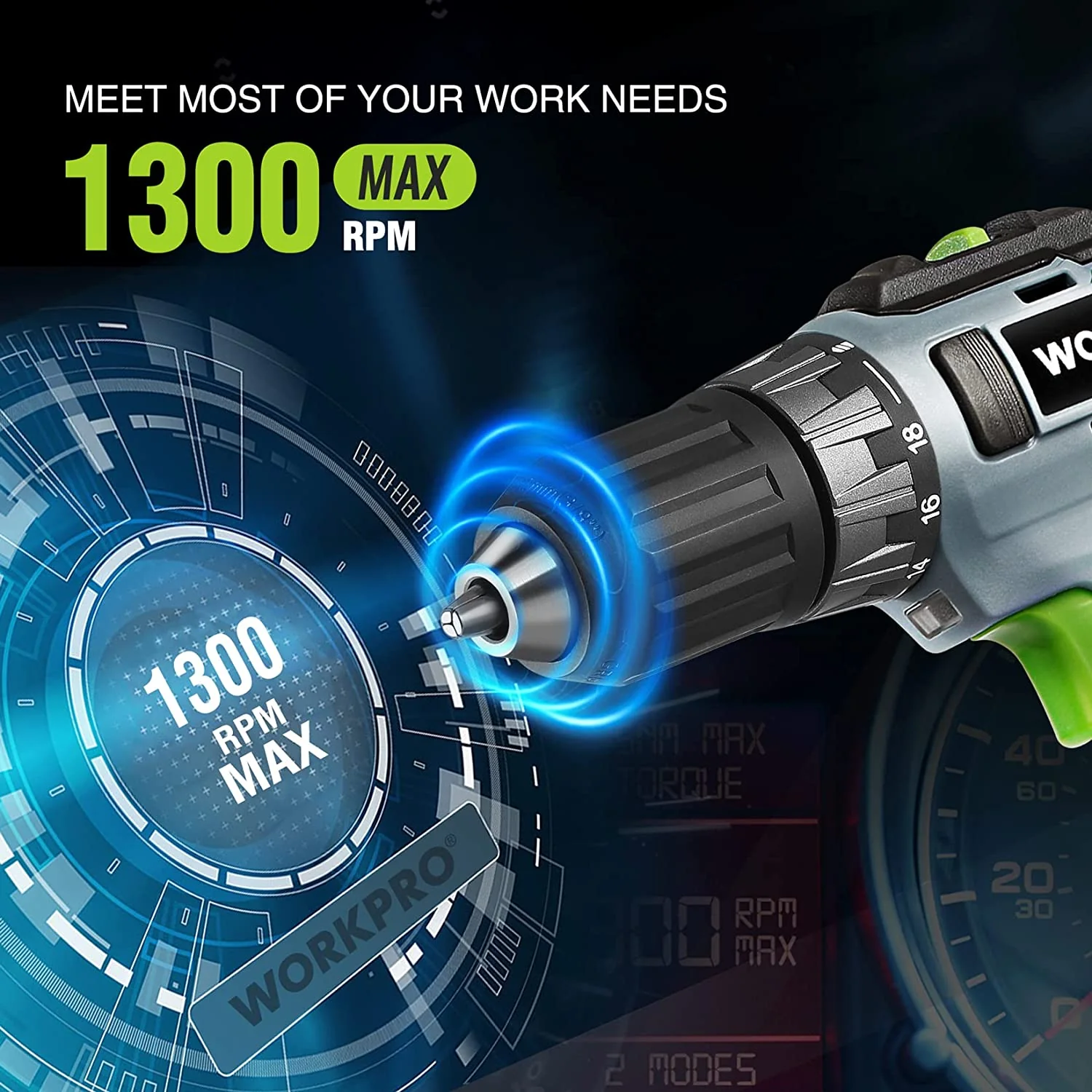 WORKPRO 20V Cordless Drill Driver Kit, 2.0 Ah Li-ion Battery, 1 Hour Fast Charger and 11-inch Green Storage Bag Included - Image 3