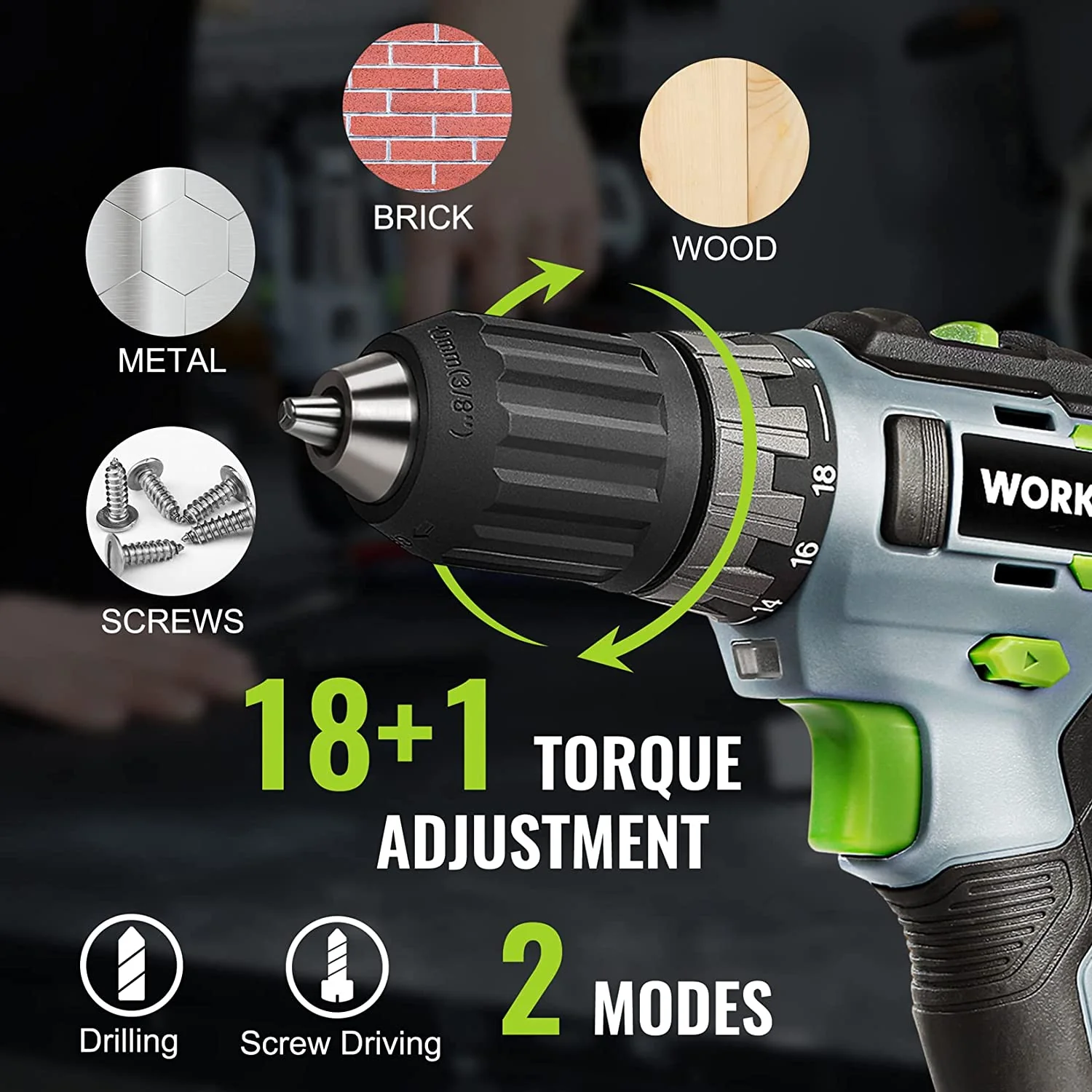 WORKPRO 20V Cordless Drill Driver Kit, 2.0 Ah Li-ion Battery, 1 Hour Fast Charger and 11-inch Green Storage Bag Included - Image 4