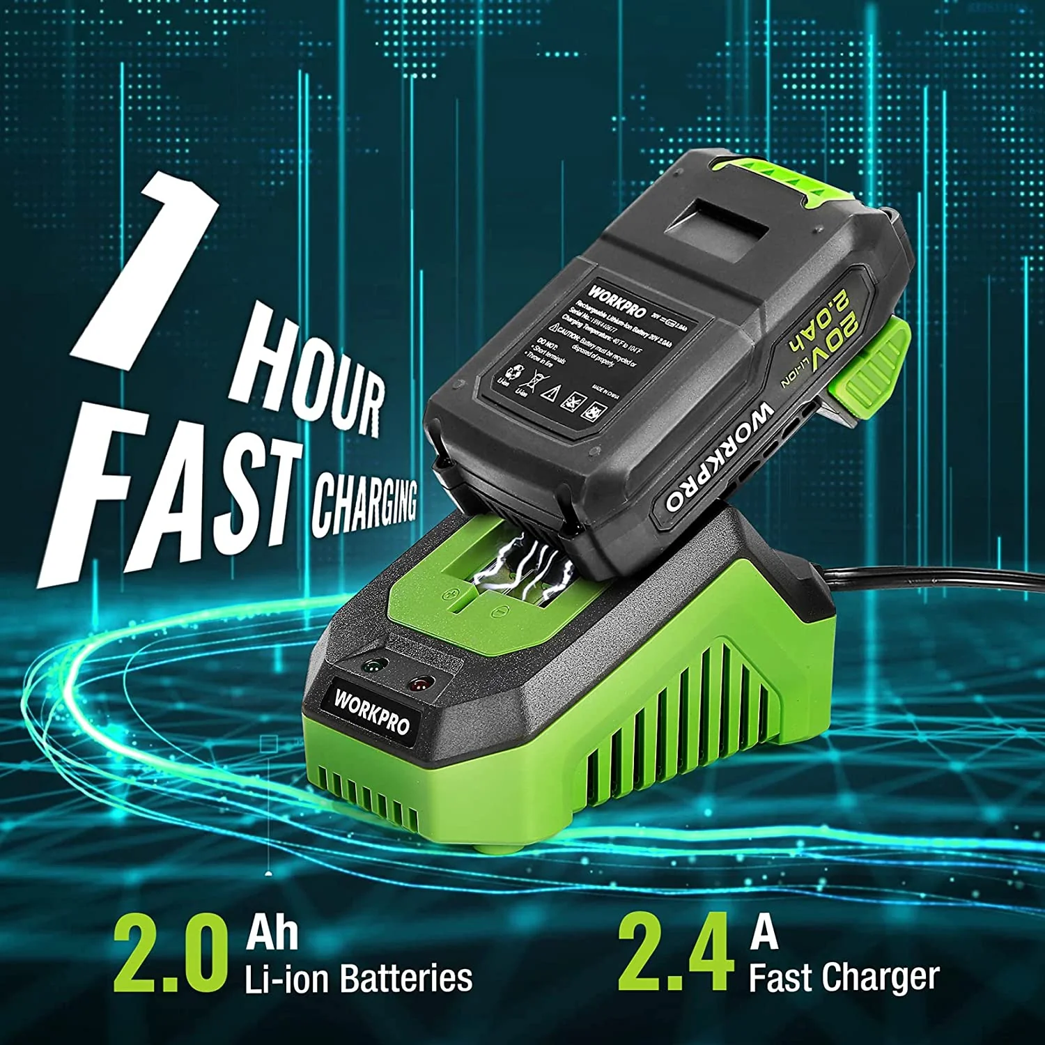WORKPRO 20V Cordless Drill Driver Kit, 2.0 Ah Li-ion Battery, 1 Hour Fast Charger and 11-inch Green Storage Bag Included - Image 5