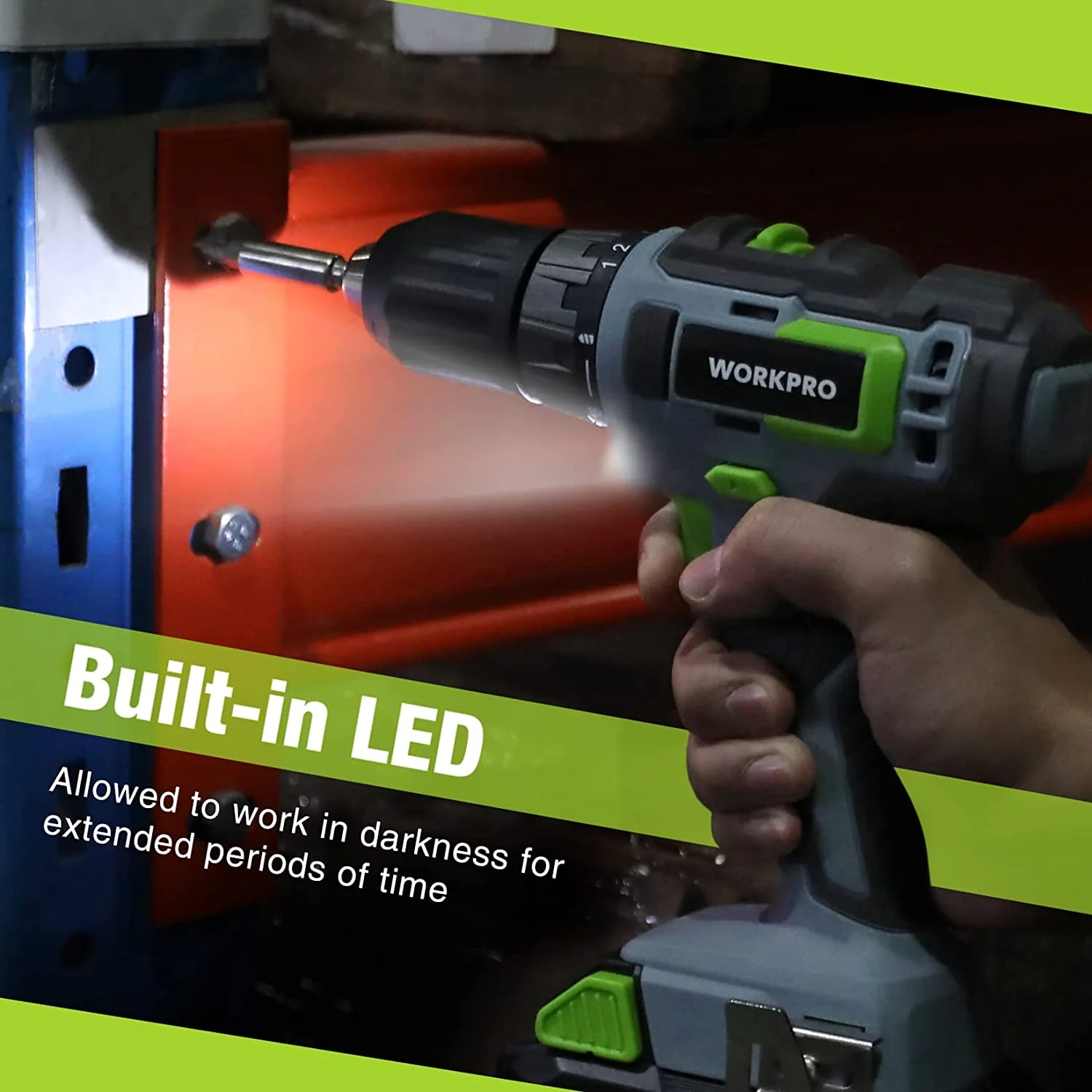 WORKPRO 20V Cordless Drill Driver Kit, 2.0 Ah Li-ion Battery, 1 Hour Fast Charger and 11-inch Green Storage Bag Included - Image 6