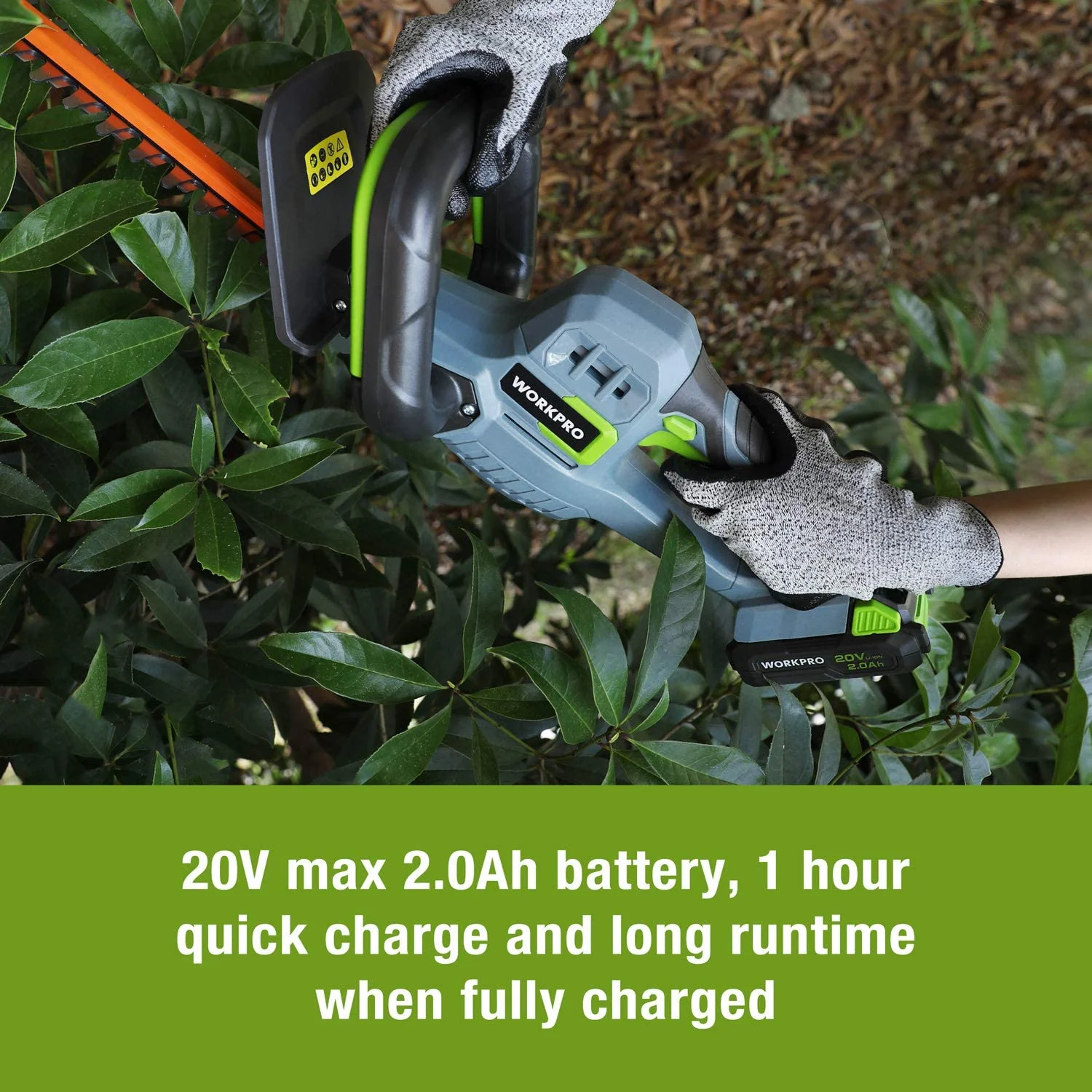 WORKPRO 20V Cordless Hedge Trimmer 20" Dual Action Blades Electric Gardening Tool 2.0Ah Battery and 1 Hour Quick Charger Included - Image 6
