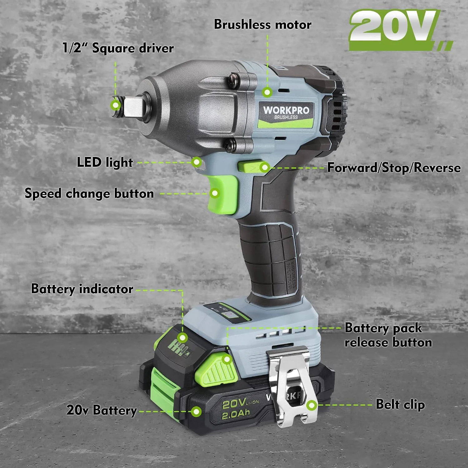 WORKPRO 20V Cordless Impact Wrench 1/2 in, Brushless Impact Gun with Battery and Charger, High Torque 370 ft-lbs (500N.m), LED Work Light and Belt Clip Included - Image 2