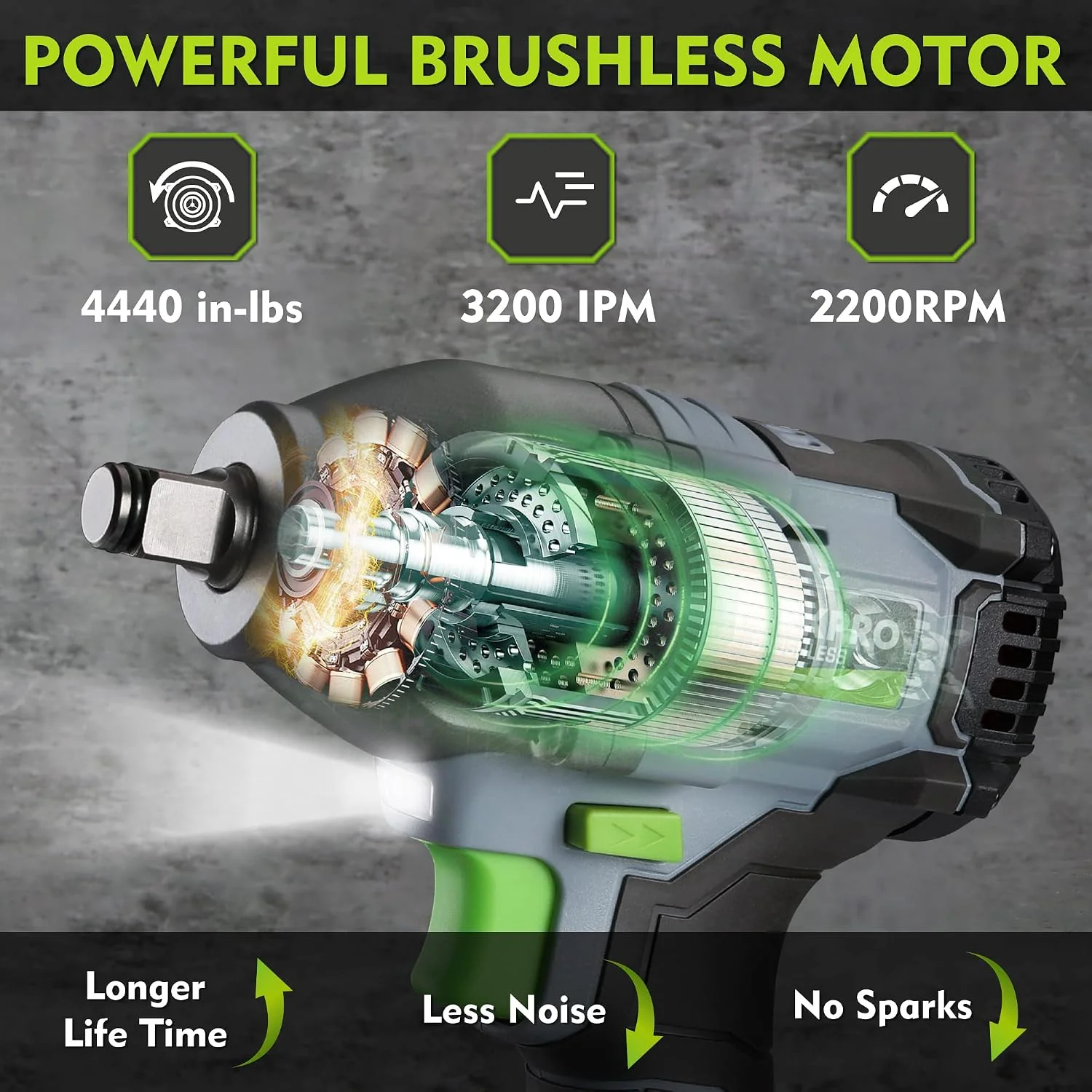 WORKPRO 20V Cordless Impact Wrench 1/2 in, Brushless Impact Gun with Battery and Charger, High Torque 370 ft-lbs (500N.m), LED Work Light and Belt Clip Included - Image 3