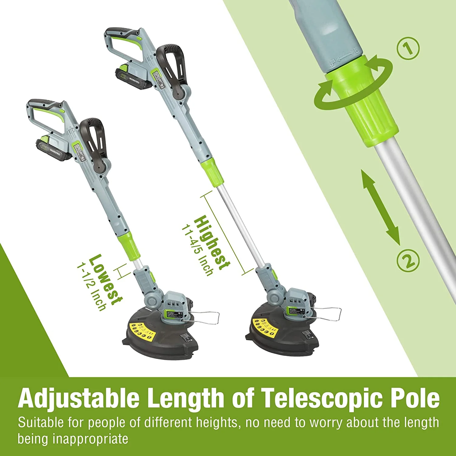 WORKPRO 20V Cordless String Trimmer / Edger 12-inch with 2Ah Lithium-Ion Battery 1 Hour Quick Charger 16.4ft Trimmer Line Included - Image 4