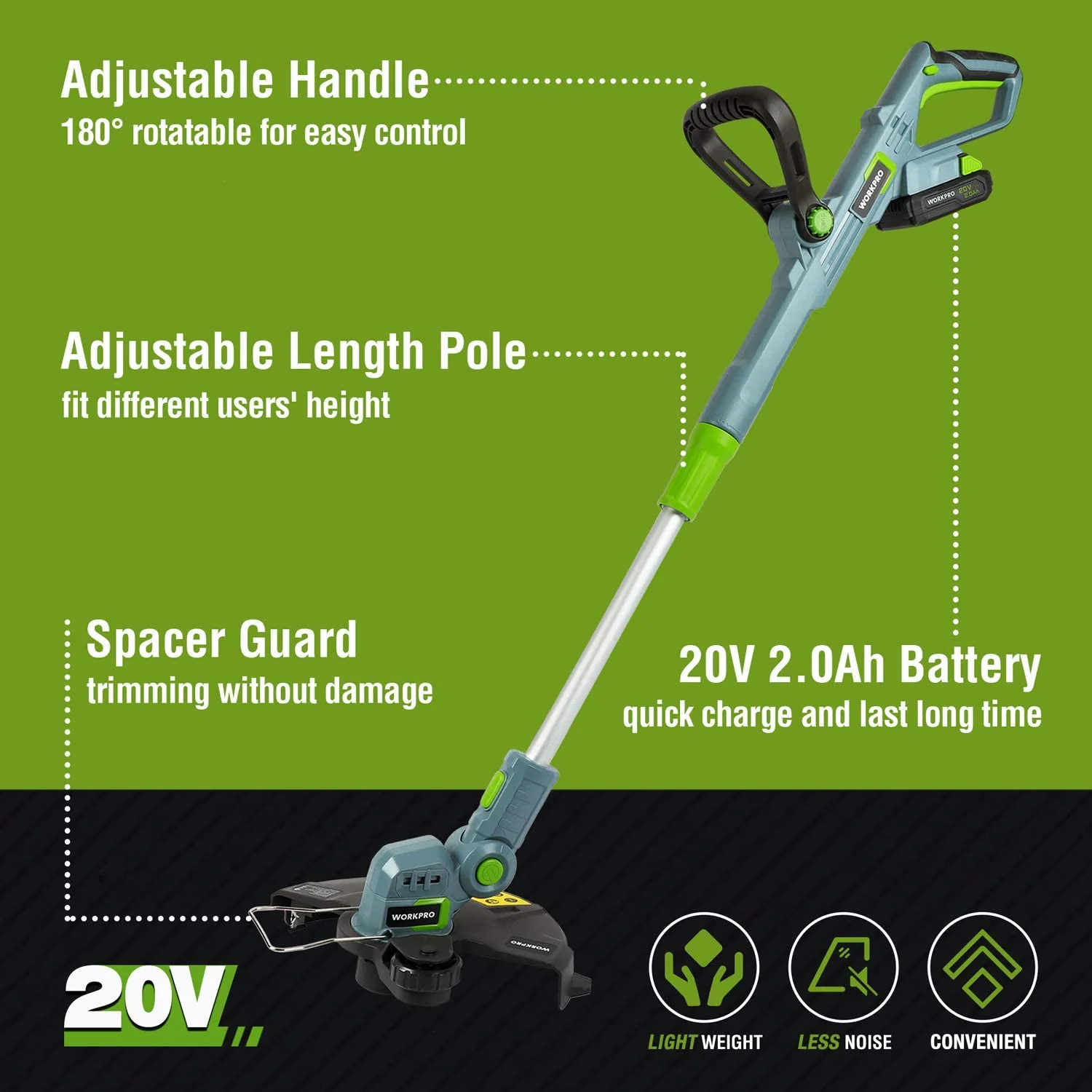 WORKPRO 20V Cordless String Trimmer / Edger 12-inch with 2Ah Lithium-Ion Battery 1 Hour Quick Charger 16.4ft Trimmer Line Included - Image 7