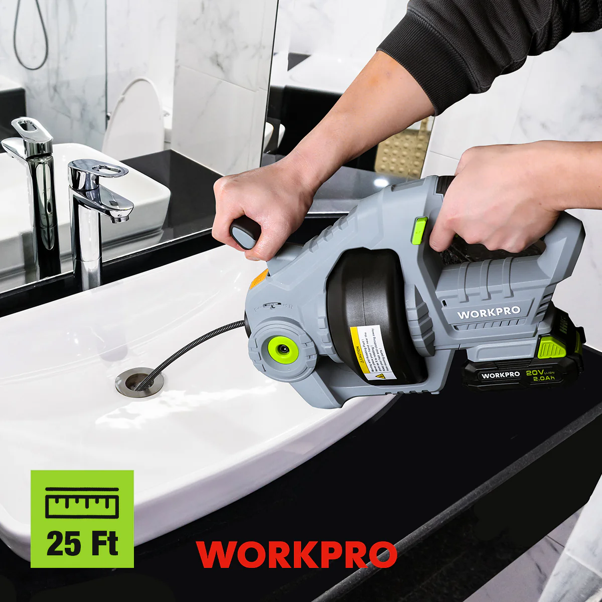 WORKPRO 20V Electric Drain Auger with 2.0AH Battery and Charger - 25Ft Plumbing Snake Drain Hair Removal Tool Set - Image 3