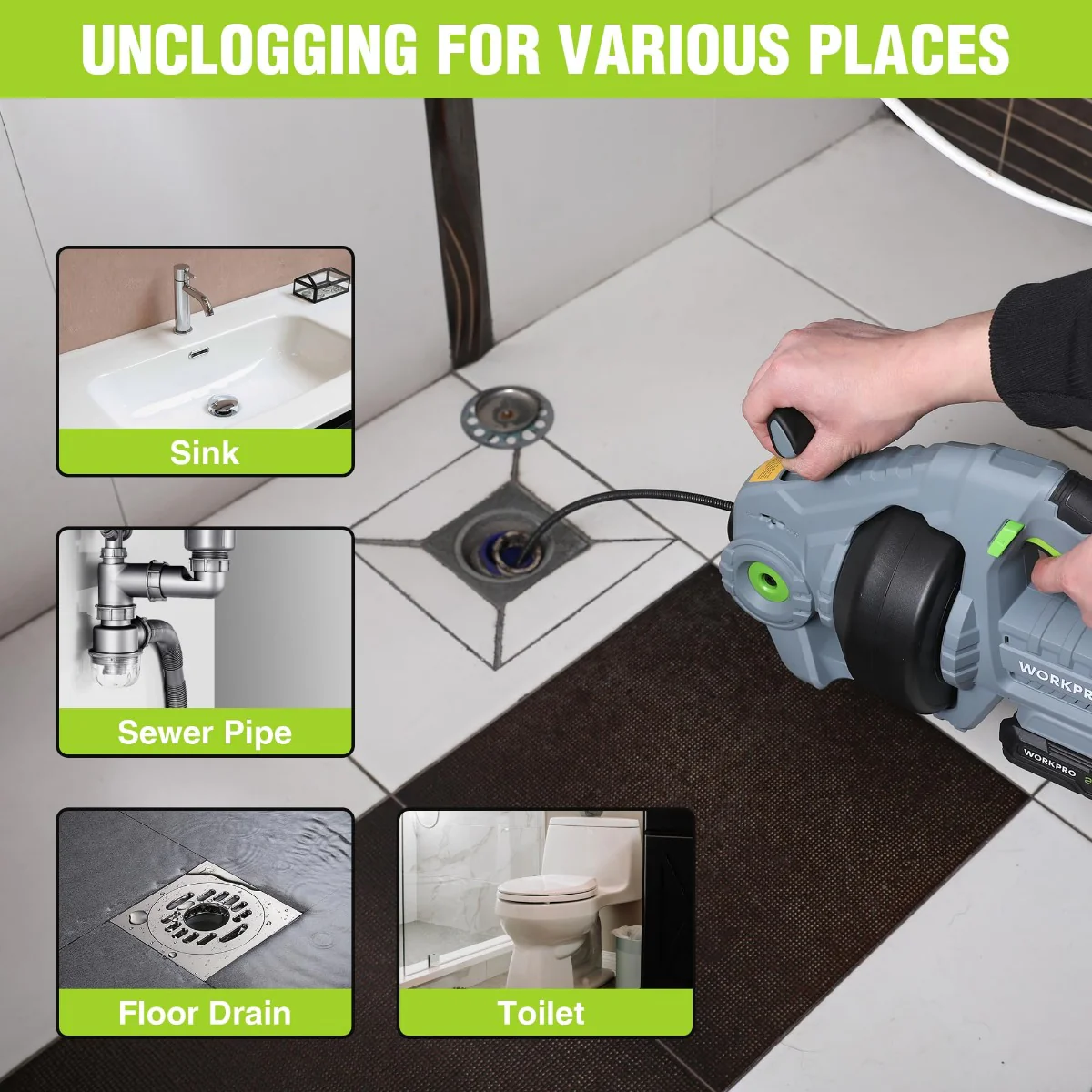 WORKPRO 20V Electric Drain Auger with 2.0AH Battery and Charger - 25Ft Plumbing Snake Drain Hair Removal Tool Set - Image 4