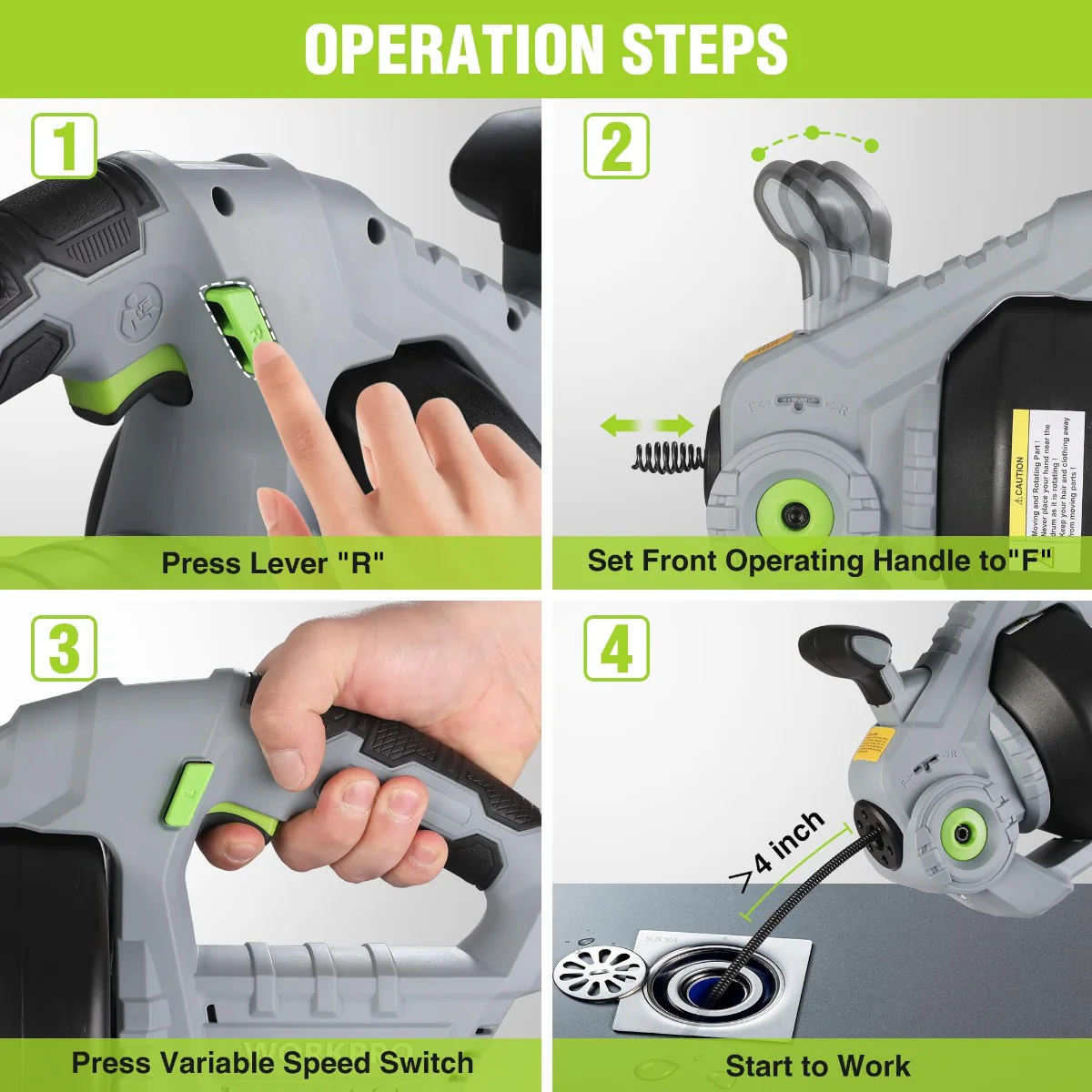 WORKPRO 20V Electric Drain Auger with 2.0AH Battery and Charger - 25Ft Plumbing Snake Drain Hair Removal Tool Set - Image 5
