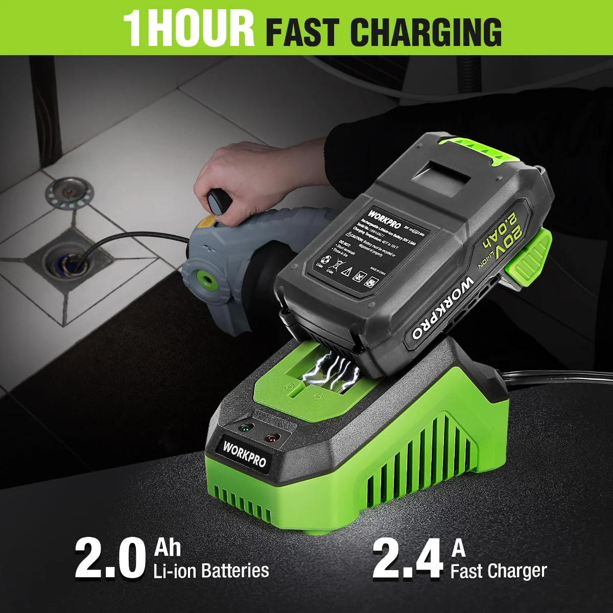 WORKPRO 20V Electric Drain Auger with 2.0AH Battery and Charger - 25Ft Plumbing Snake Drain Hair Removal Tool Set - Image 6