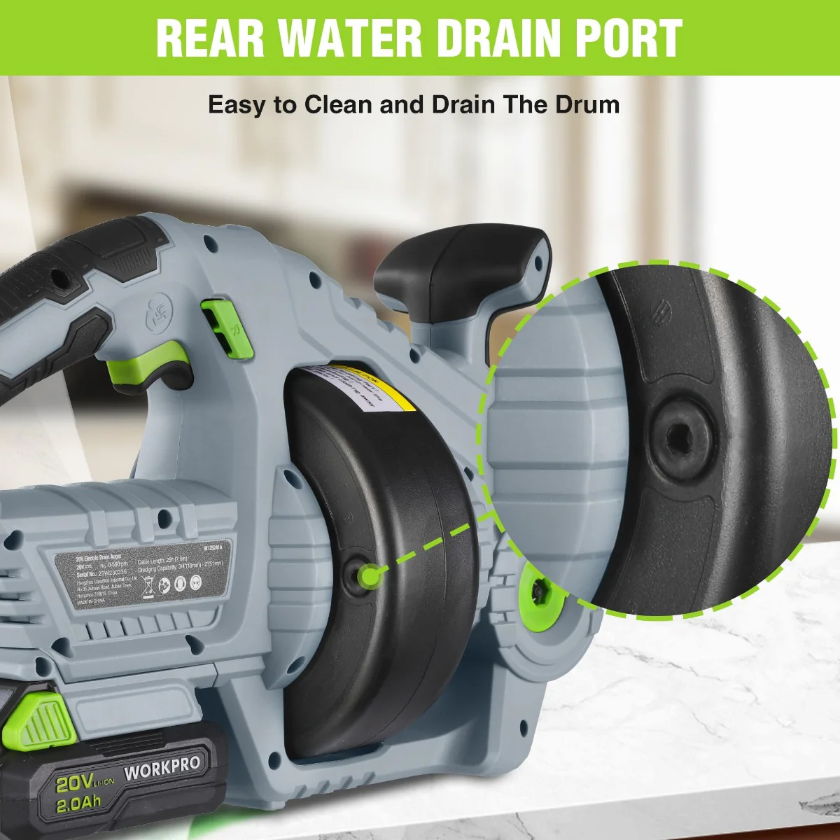 WORKPRO 20V Electric Drain Auger with 2.0AH Battery and Charger - 25Ft Plumbing Snake Drain Hair Removal Tool Set - Image 7