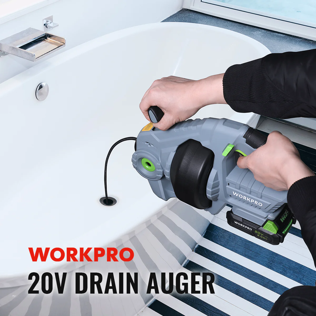 WORKPRO 20V Electric Drain Auger with 2.0AH Battery and Charger - 25Ft Plumbing Snake Drain Hair Removal Tool Set - Image 9