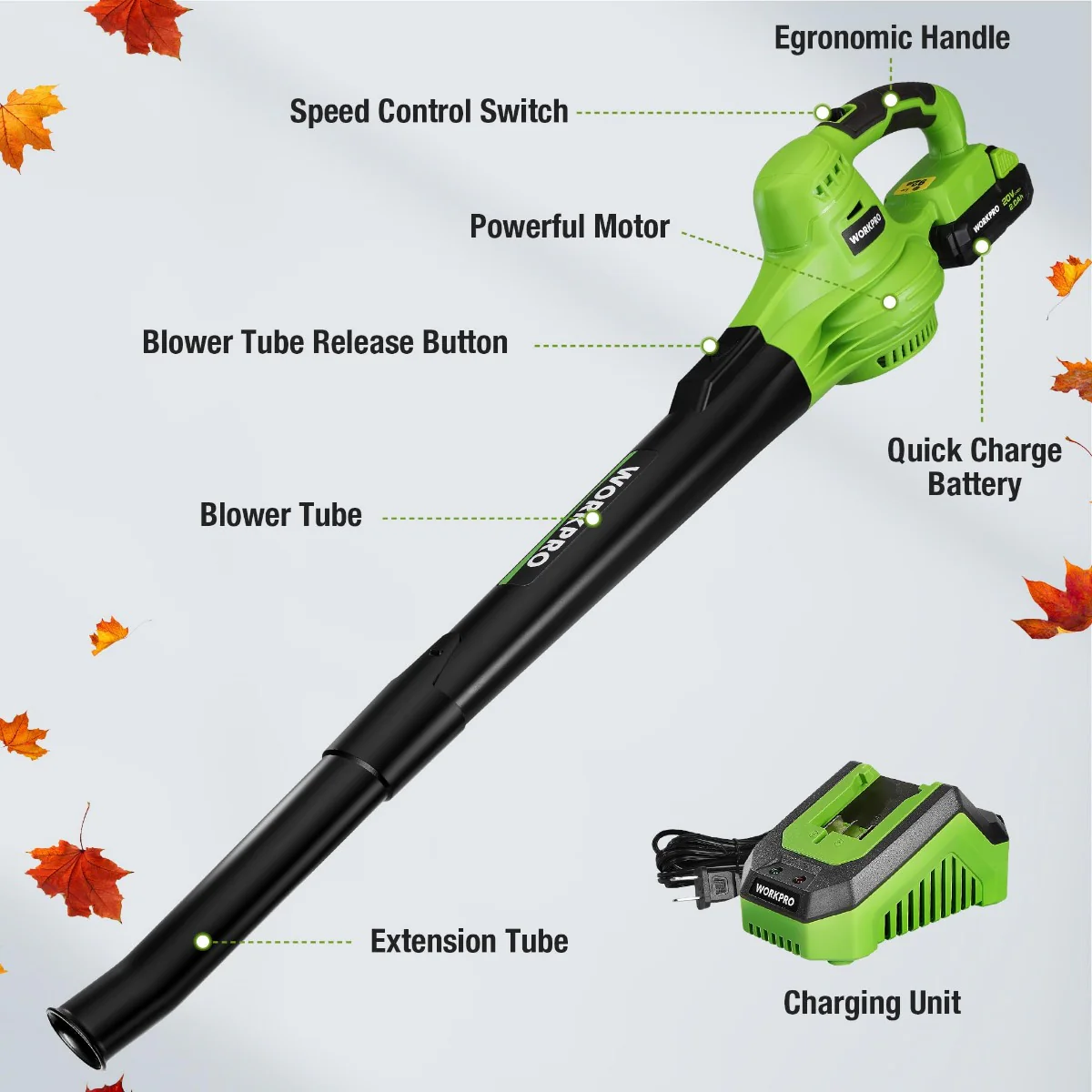 WORKPRO 20V Lightweight Mini Cordless Leaf Blower wih Battery and Charger, 2-Speed Control - Image 4