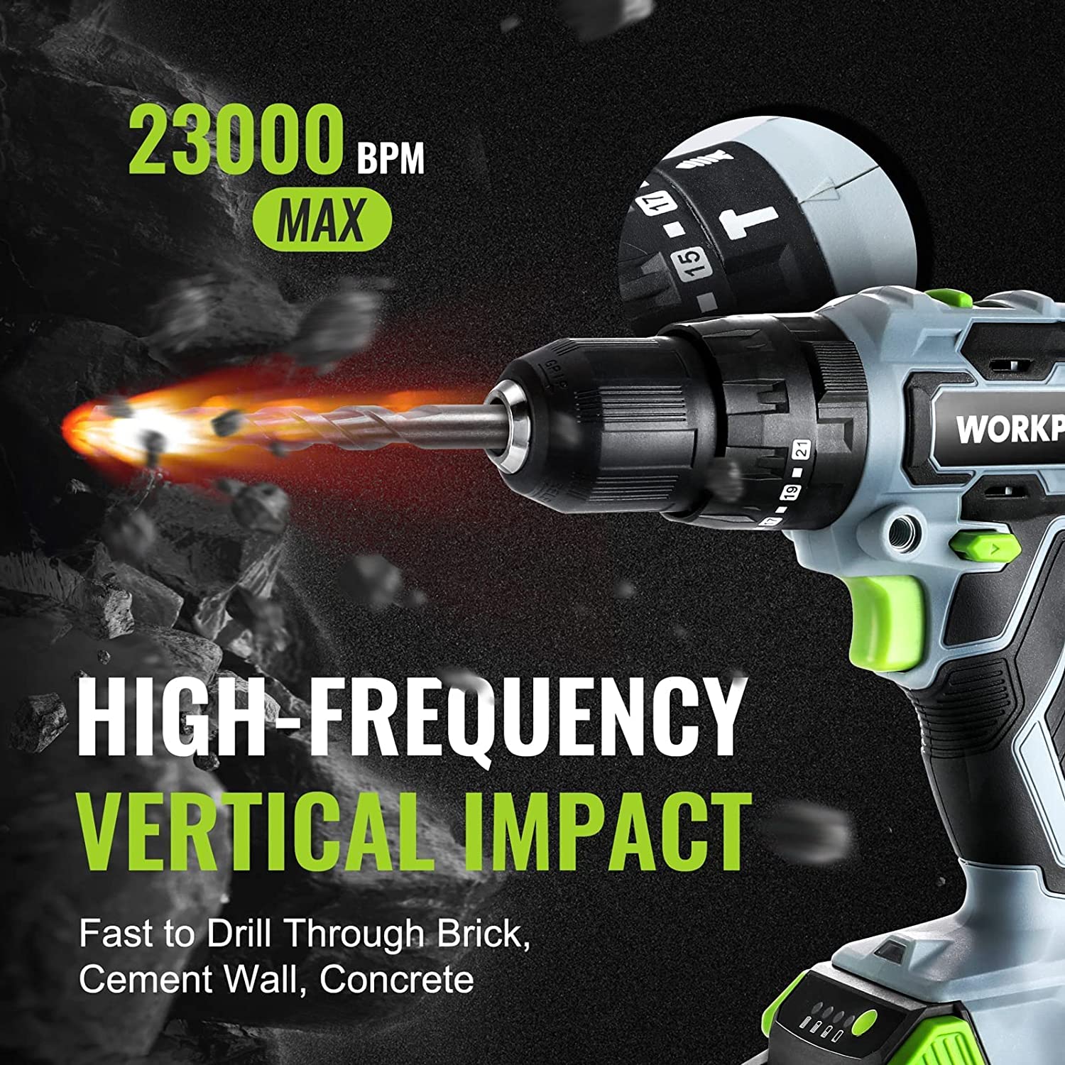 WORKPRO 20V Max Cordless Drill Driver Set, Electric Power Impact Drill Tool with 102 Pieces Accessories, 2 x 2.0Ah Li-ion Batteries with Fast Charger - Image 3