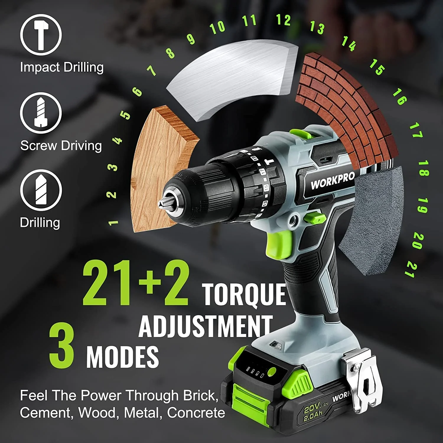 WORKPRO 20V Max Cordless Drill Driver Set, Electric Power Impact Drill Tool with 102 Pieces Accessories, 2 x 2.0Ah Li-ion Batteries with Fast Charger - Image 6