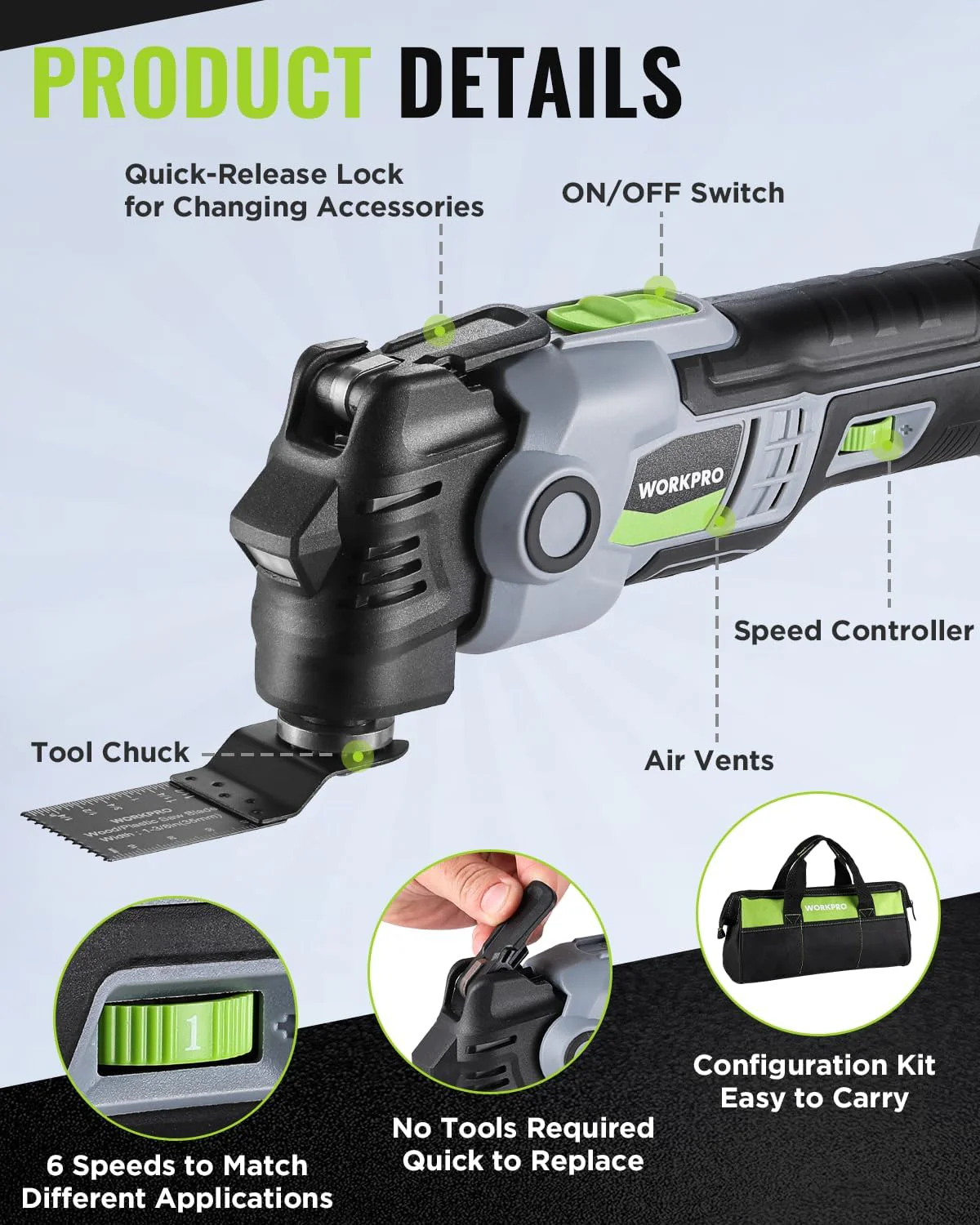 WORKPRO 20V Oscillating Tool Kit, Cordless and Brushless 19,000 RPM Orbiting Multi Tool with 6 Variable Speeds, 3.6°Oscillation Angle, 21pcs Saw Accessories, 1 Rechargeable Battery and Carrying Bag - Image 2