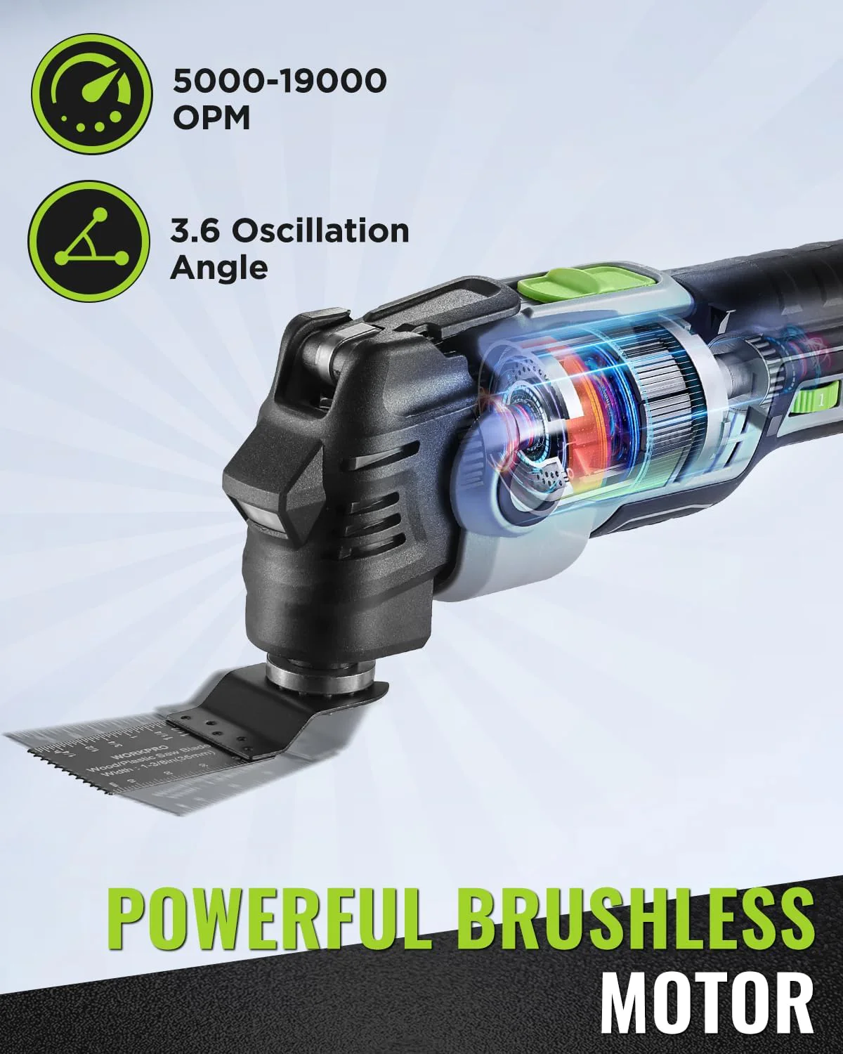 WORKPRO 20V Oscillating Tool Kit, Cordless and Brushless 19,000 RPM Orbiting Multi Tool with 6 Variable Speeds, 3.6°Oscillation Angle, 21pcs Saw Accessories, 1 Rechargeable Battery and Carrying Bag - Image 4