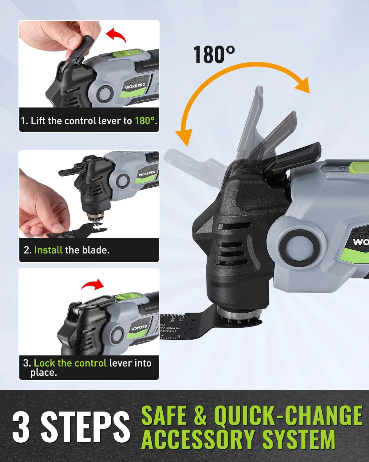 WORKPRO 20V Oscillating Tool Kit, Cordless and Brushless 19,000 RPM Orbiting Multi Tool with 6 Variable Speeds, 3.6°Oscillation Angle, 21pcs Saw Accessories, 1 Rechargeable Battery and Carrying Bag - Image 5