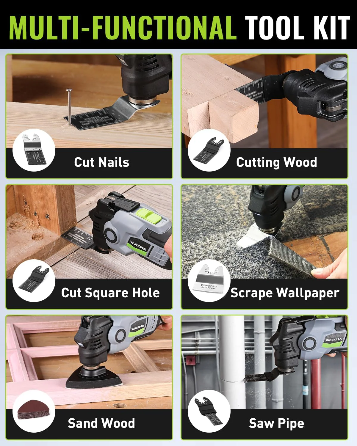 WORKPRO 20V Oscillating Tool Kit, Cordless and Brushless 19,000 RPM Orbiting Multi Tool with 6 Variable Speeds, 3.6°Oscillation Angle, 21pcs Saw Accessories, 1 Rechargeable Battery and Carrying Bag - Image 7