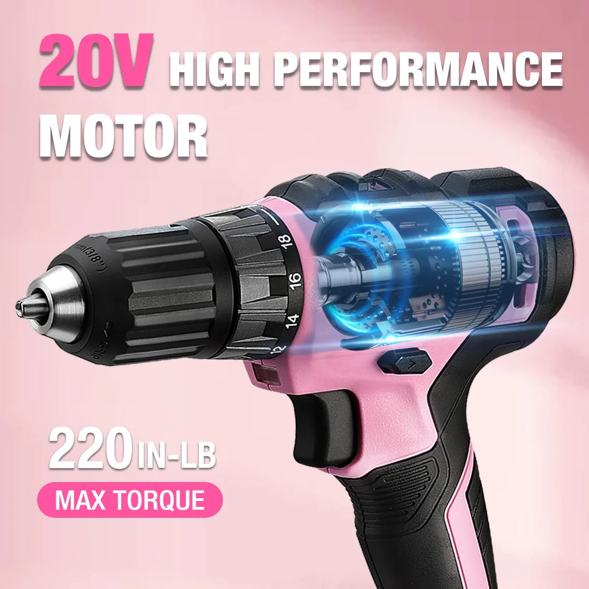 WORKPRO 20V Pink Cordless Drill Driver and 141 Pcs Home Tool Set - Pink Ribbon - Image 3
