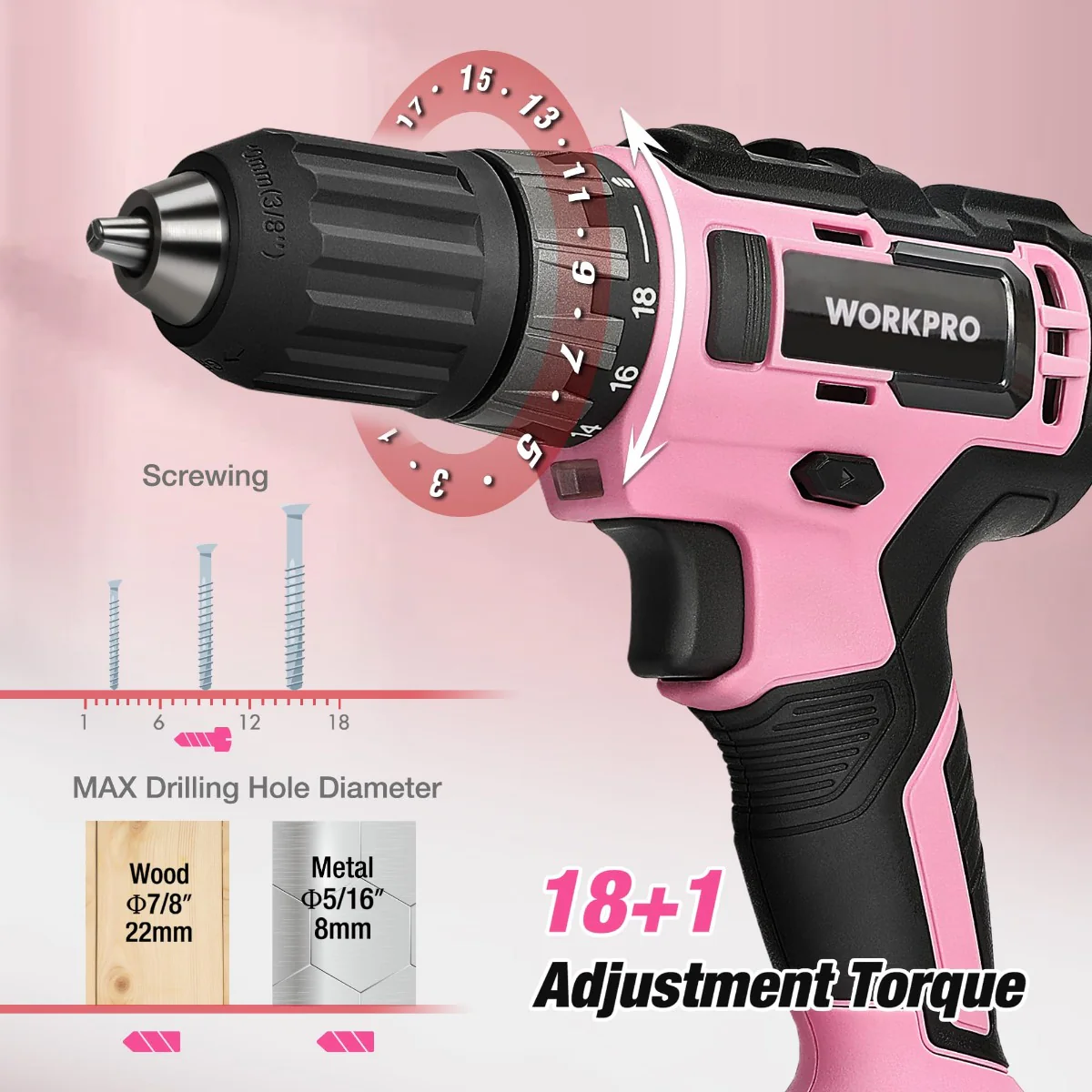 WORKPRO 20V Pink Cordless Drill Driver and 141 Pcs Home Tool Set - Pink Ribbon - Image 4