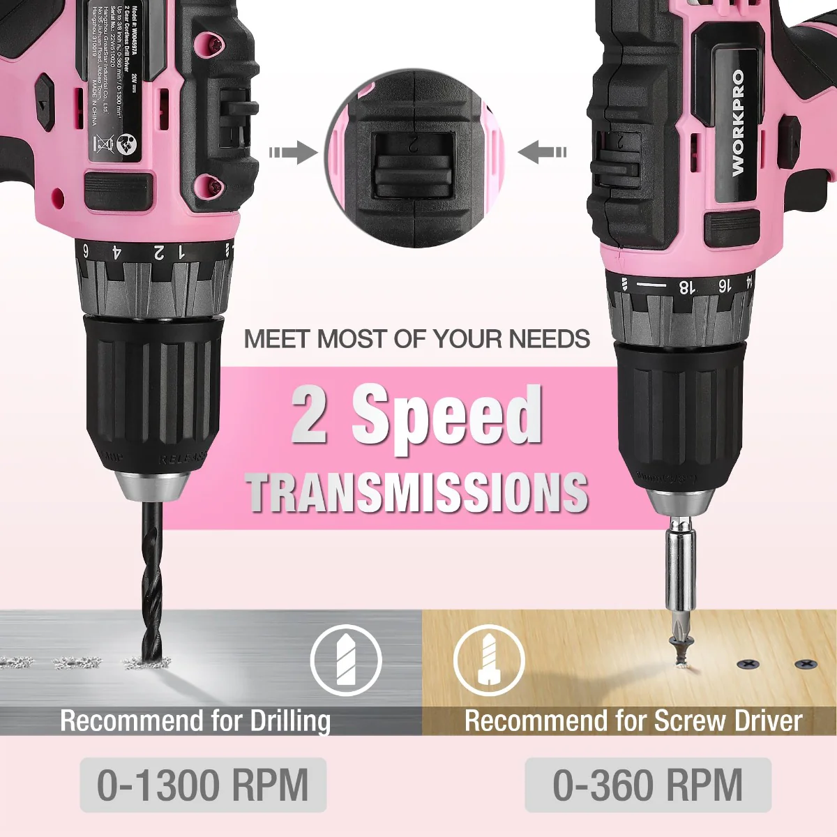 WORKPRO 20V Pink Cordless Drill Driver and 141 Pcs Home Tool Set - Pink Ribbon - Image 5