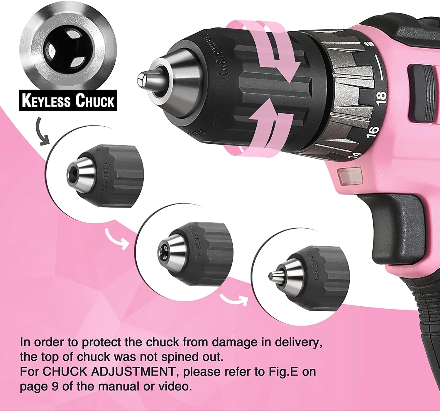 WORKPRO 20V Pink Cordless Drill Driver Set with Fast Charger and 11-inch Storage Bag Included - Pink Ribbon - Image 4