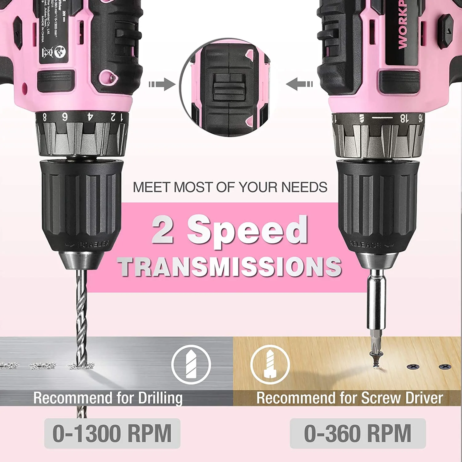 WORKPRO 20V Pink Cordless Drill Driver Set with Fast Charger and 11-inch Storage Bag Included - Pink Ribbon - Image 5