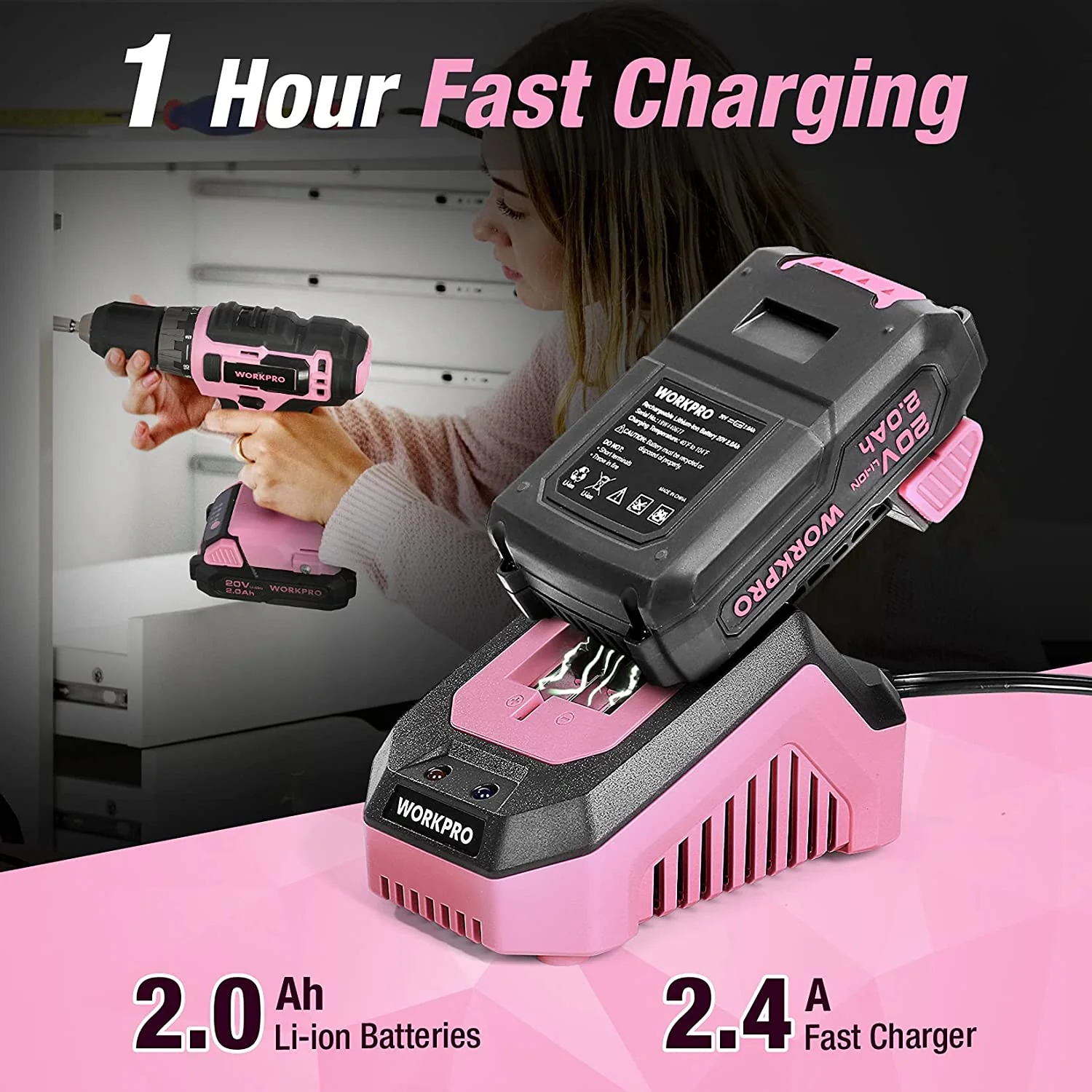 WORKPRO 20V Pink Cordless Drill Driver Set with Fast Charger and 11-inch Storage Bag Included - Pink Ribbon - Image 6