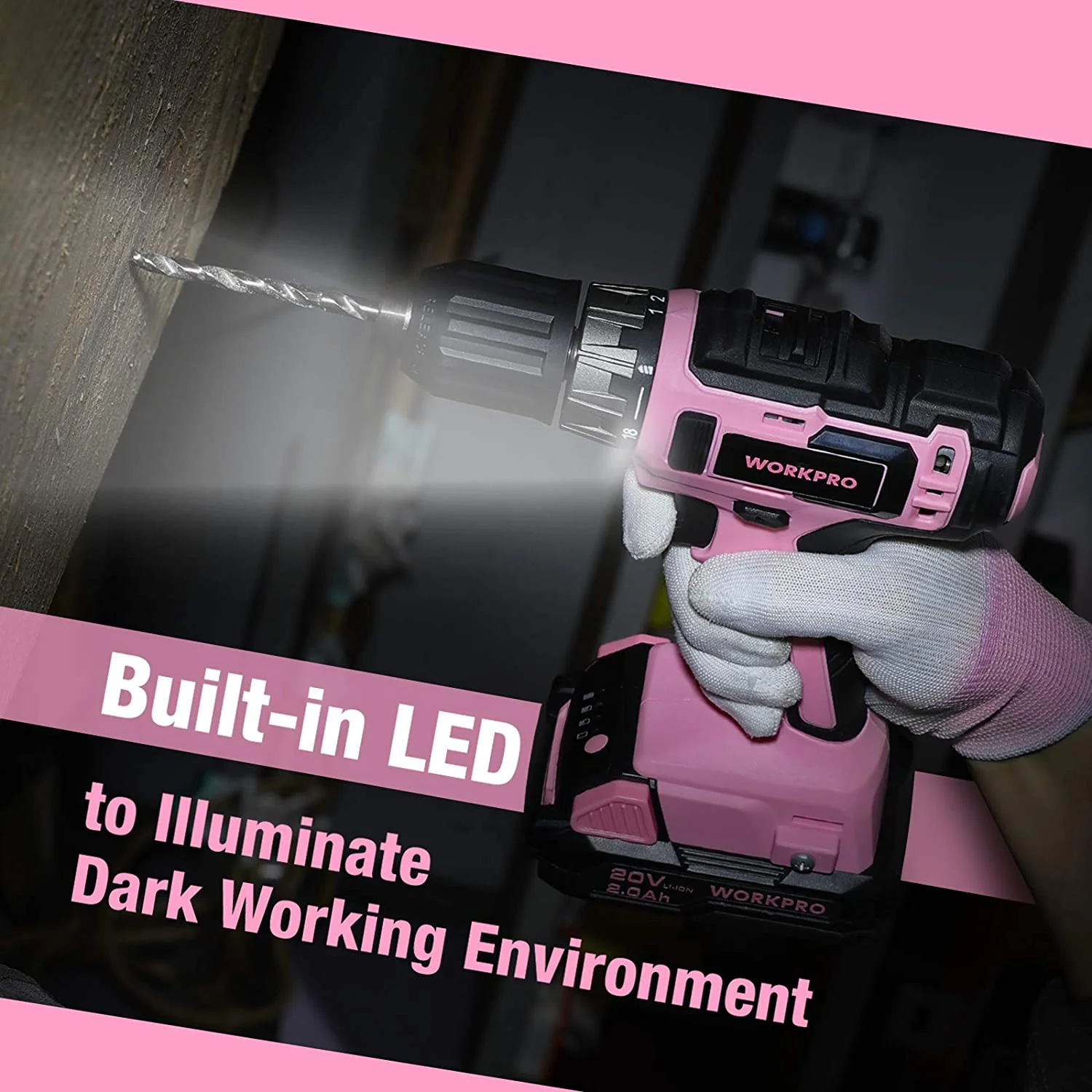 WORKPRO 20V Pink Cordless Drill Driver Set with Fast Charger and 11-inch Storage Bag Included - Pink Ribbon - Image 7