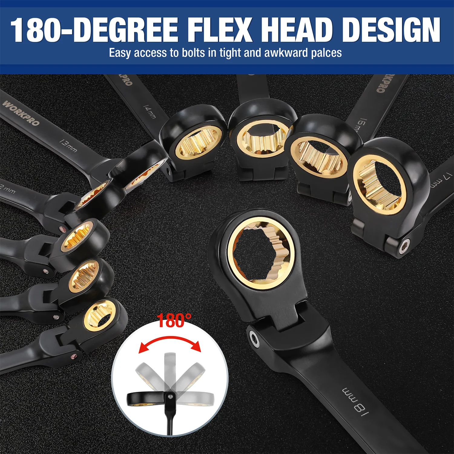 WORKPRO 22-piece Regular/Flex-head Ratcheting Wrench Set Anti-Slip Tooth with Organizer Box, Metric 6-18mm & SAE 1/4-3/4" - Image 11