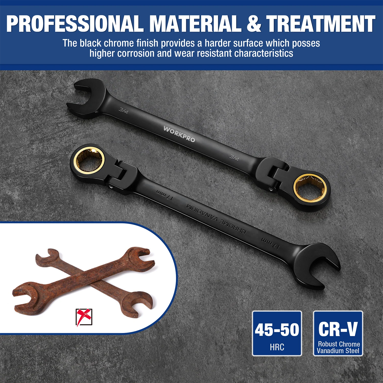 WORKPRO 22-piece Regular/Flex-head Ratcheting Wrench Set Anti-Slip Tooth with Organizer Box, Metric 6-18mm & SAE 1/4-3/4" - Image 13