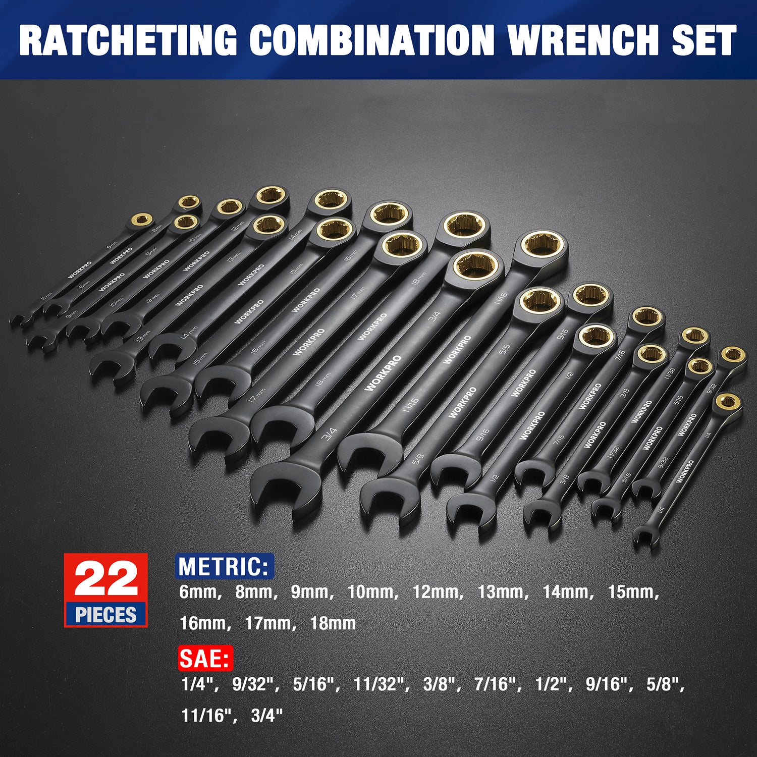 WORKPRO 22-piece Regular/Flex-head Ratcheting Wrench Set Anti-Slip Tooth with Organizer Box, Metric 6-18mm & SAE 1/4-3/4" - Image 2