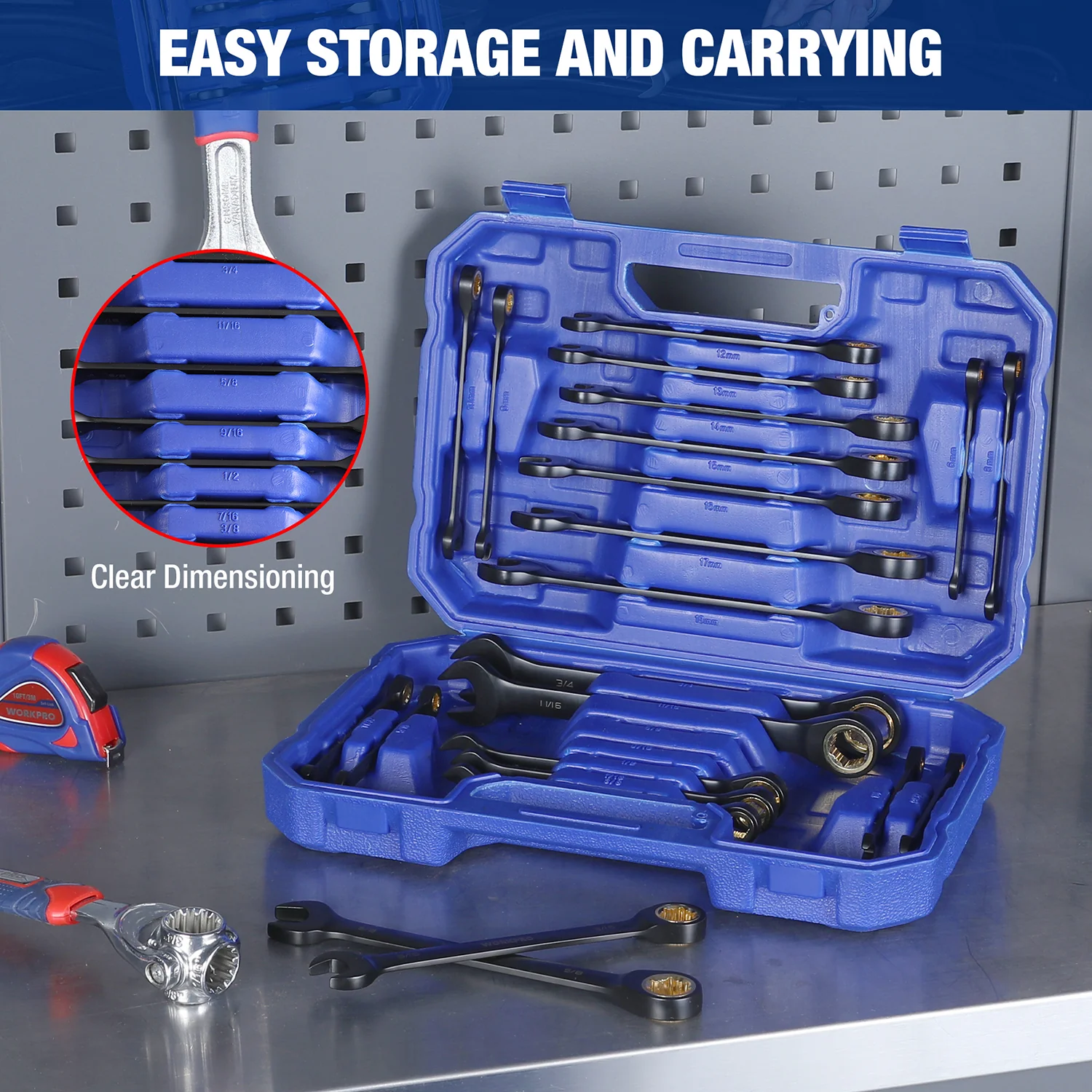 WORKPRO 22-piece Regular/Flex-head Ratcheting Wrench Set Anti-Slip Tooth with Organizer Box, Metric 6-18mm & SAE 1/4-3/4" - Image 5
