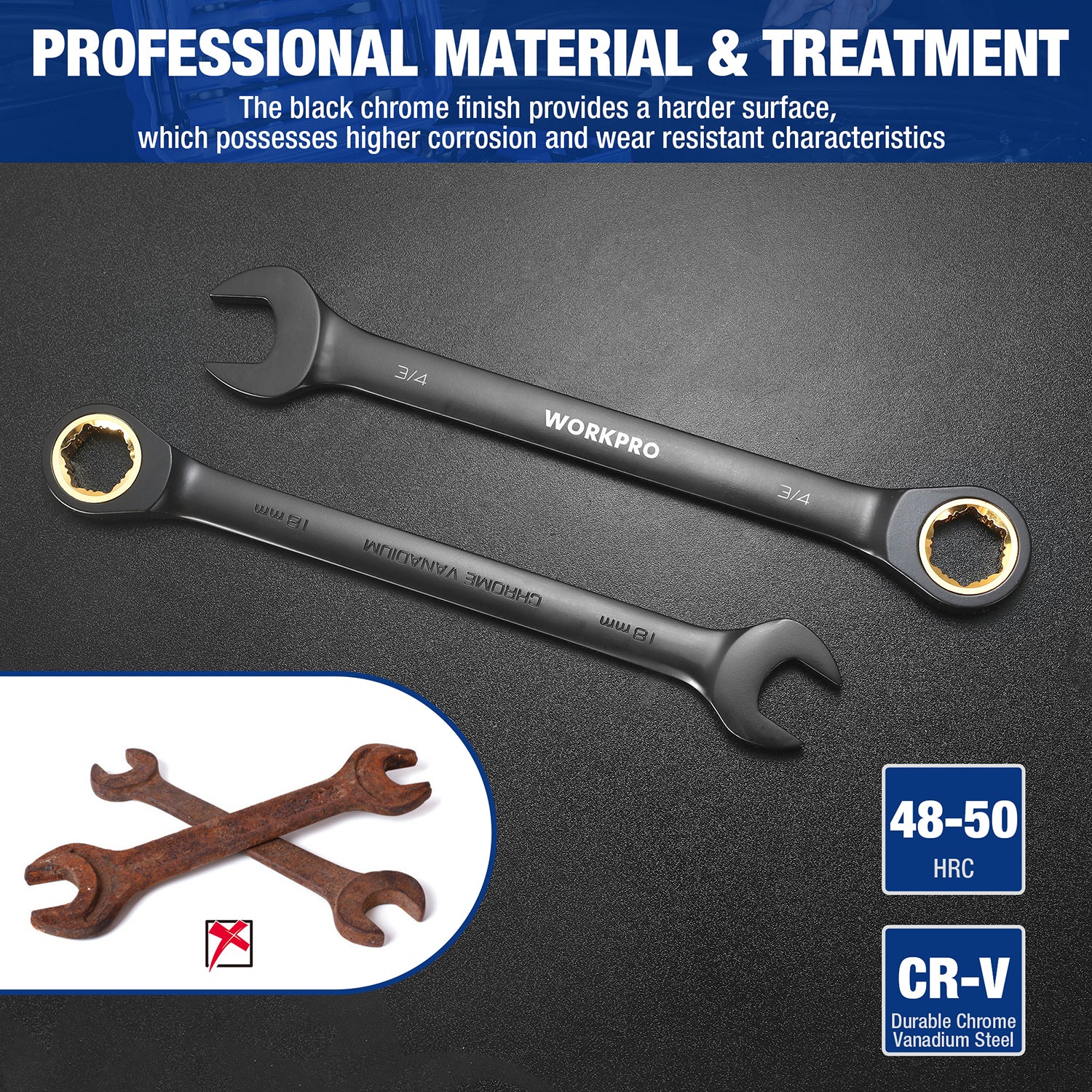 WORKPRO 22-piece Regular/Flex-head Ratcheting Wrench Set Anti-Slip Tooth with Organizer Box, Metric 6-18mm & SAE 1/4-3/4" - Image 7