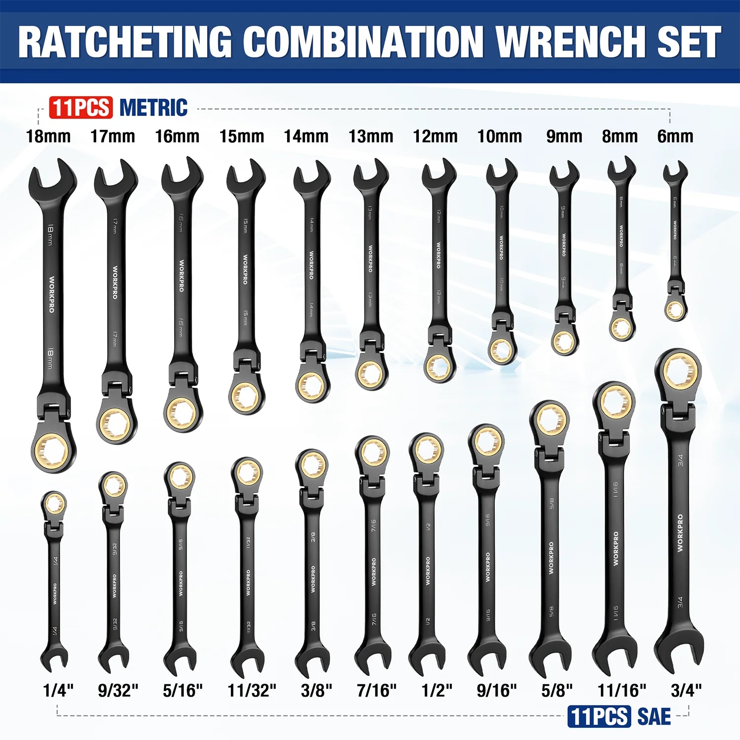 WORKPRO 22-piece Regular/Flex-head Ratcheting Wrench Set Anti-Slip Tooth with Organizer Box, Metric 6-18mm & SAE 1/4-3/4" - Image 8