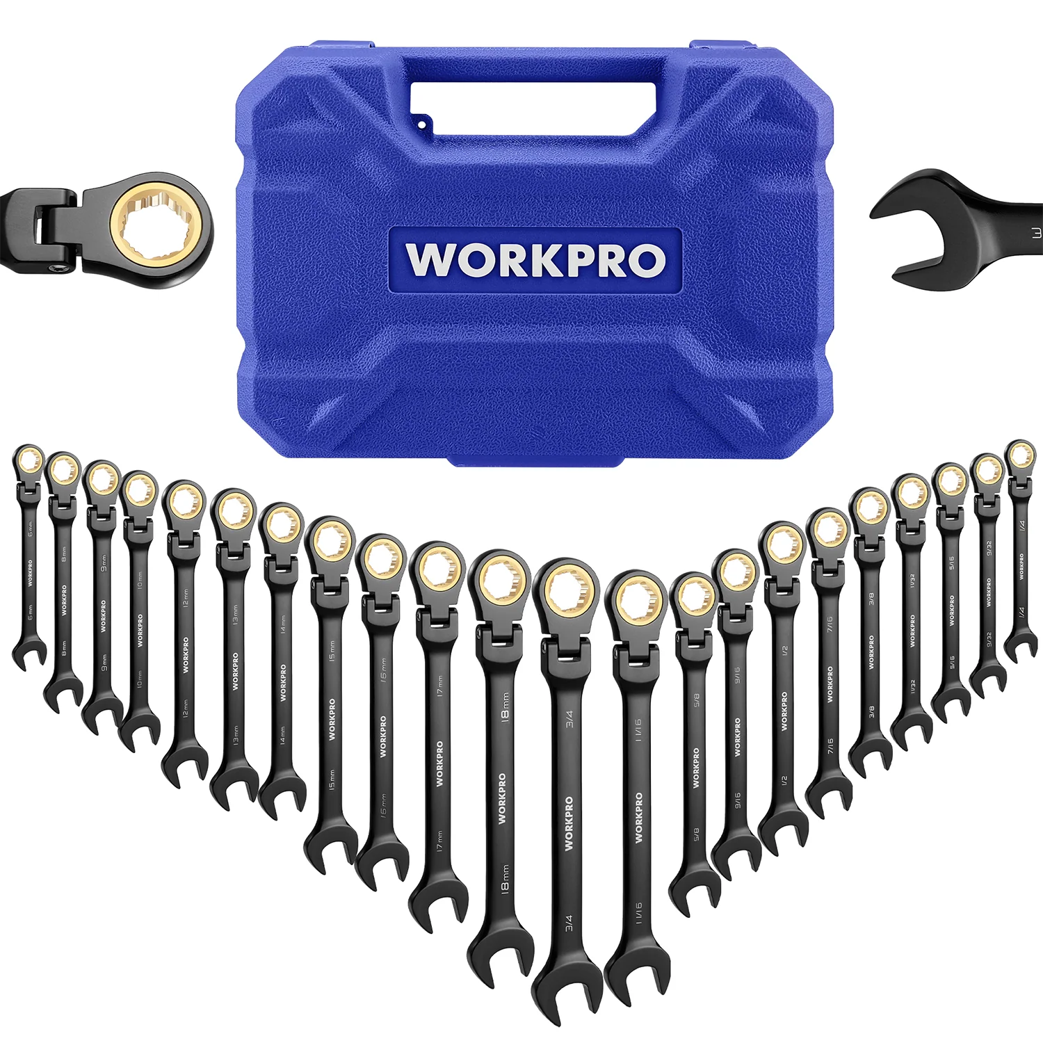WORKPRO 22-piece Regular/Flex-head Ratcheting Wrench Set Anti-Slip Tooth with Organizer Box, Metric 6-18mm & SAE 1/4-3/4" - Image 9