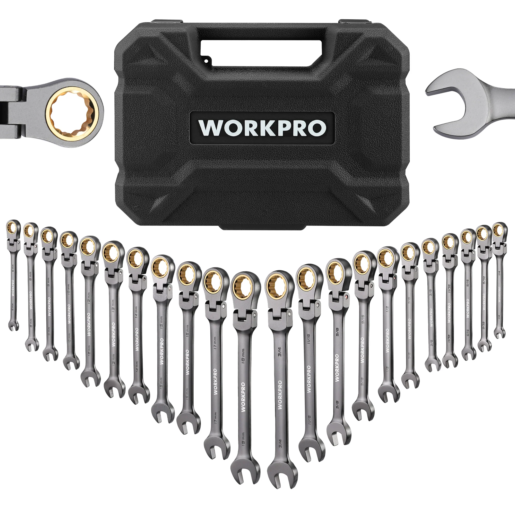 WORKPRO 22-Piece Regular/Flex-Head Ratcheting Wrench Set with Organizer Box, 72 Teeth, Metric 6-18mm & SAE 1/4-3/4" - Image 11