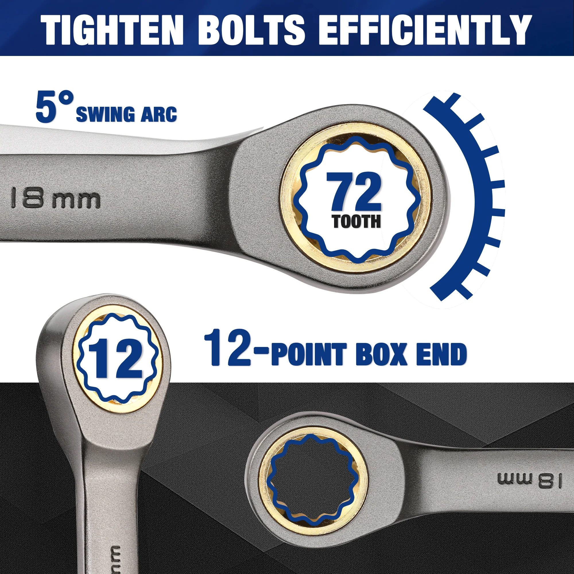 WORKPRO 22-Piece Regular/Flex-Head Ratcheting Wrench Set with Organizer Box, 72 Teeth, Metric 6-18mm & SAE 1/4-3/4" - Image 3