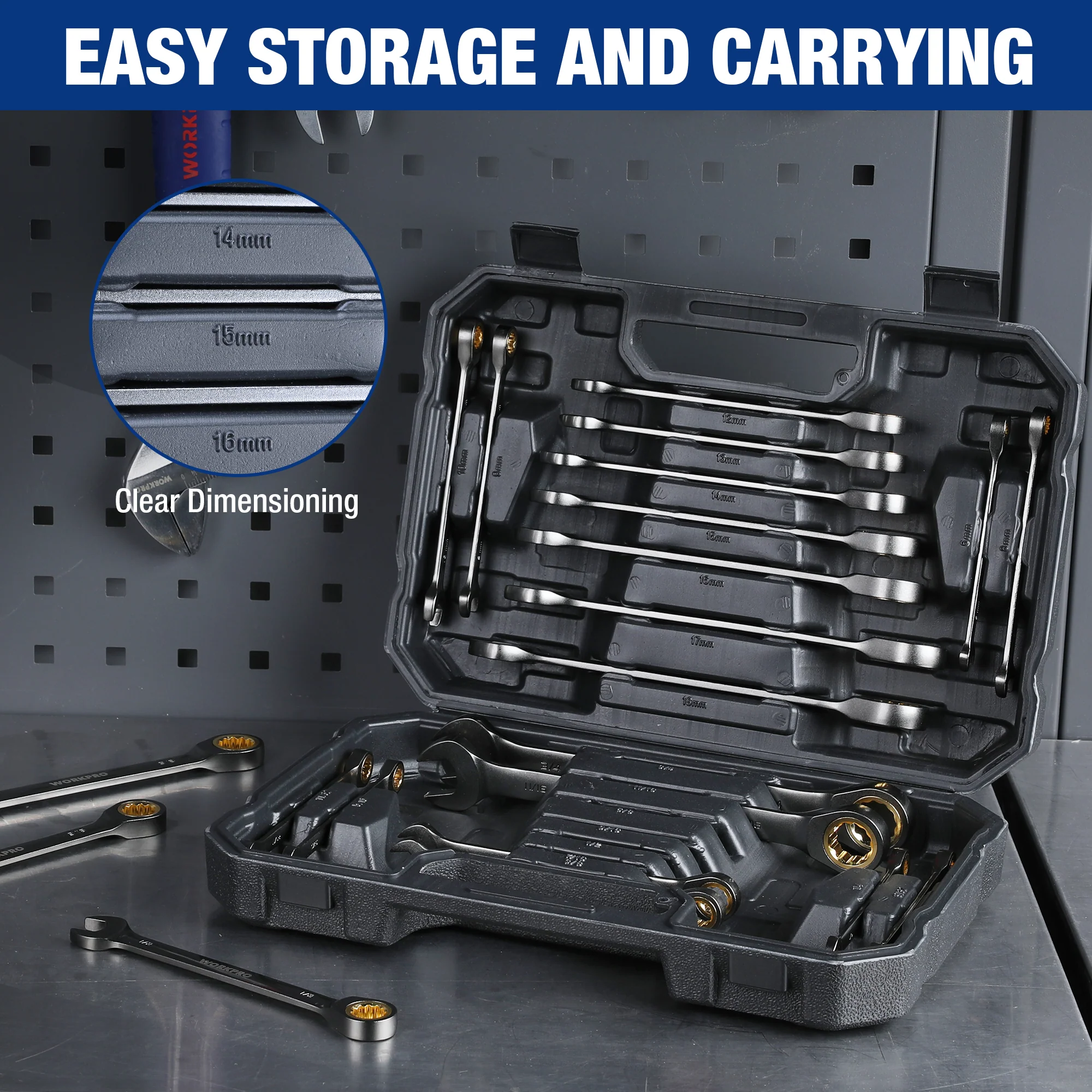 WORKPRO 22-Piece Regular/Flex-Head Ratcheting Wrench Set with Organizer Box, 72 Teeth, Metric 6-18mm & SAE 1/4-3/4" - Image 7