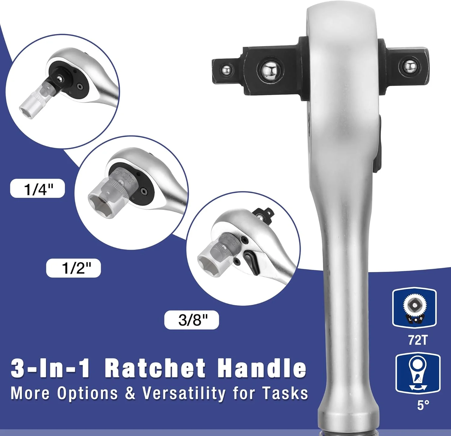 WORKPRO 22-Piece Socket Set with 3-in-1 Ratchet Handle, 1/4, 3/8, 1/2 Inch Drive Socket Wrench, CR-V Metric Socket Set, Extension Bars, Storage Box Included, Mechanics Tool Sets for Auto Repairing - Image 2