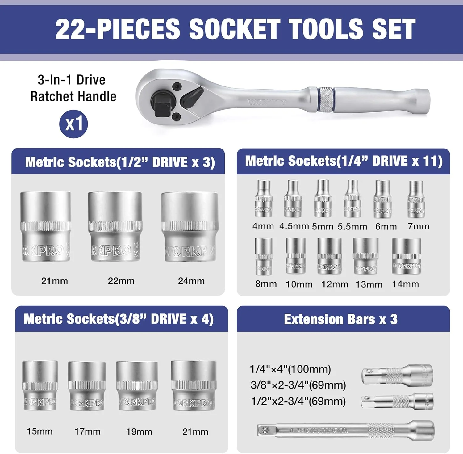 WORKPRO 22-Piece Socket Set with 3-in-1 Ratchet Handle, 1/4, 3/8, 1/2 Inch Drive Socket Wrench, CR-V Metric Socket Set, Extension Bars, Storage Box Included, Mechanics Tool Sets for Auto Repairing - Image 3