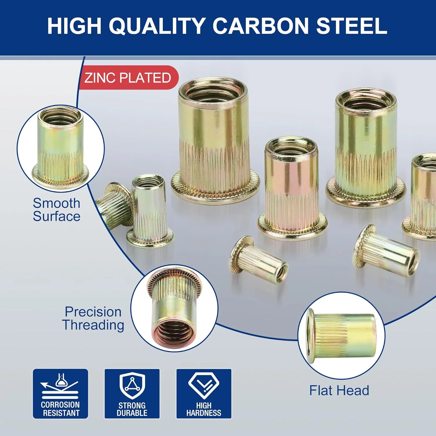 WORKPRO 220Pcs Metric Rivet Nuts, Zinc Plated Carbon Steel Flat Head Threaded Insert Nut with Knurled Body, Include Storage Case, 7 Sizes Rivnuts Assortment Kit-M3, M4, M5, M6, M8, M10, M12 - Image 3